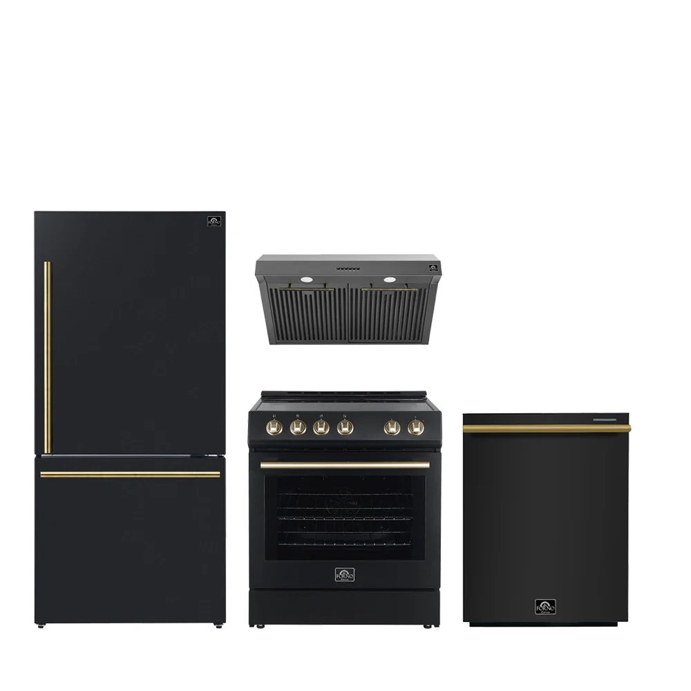 FORNO Premium 4-Piece Kitchen Bundle - Leonardo Espresso 30" Black Electric Range, 30" Black Range Hood, 31" Black Bottom Freezer Refrigerator, 24" Black Built-In Dishwasher - FBDL-006-02US