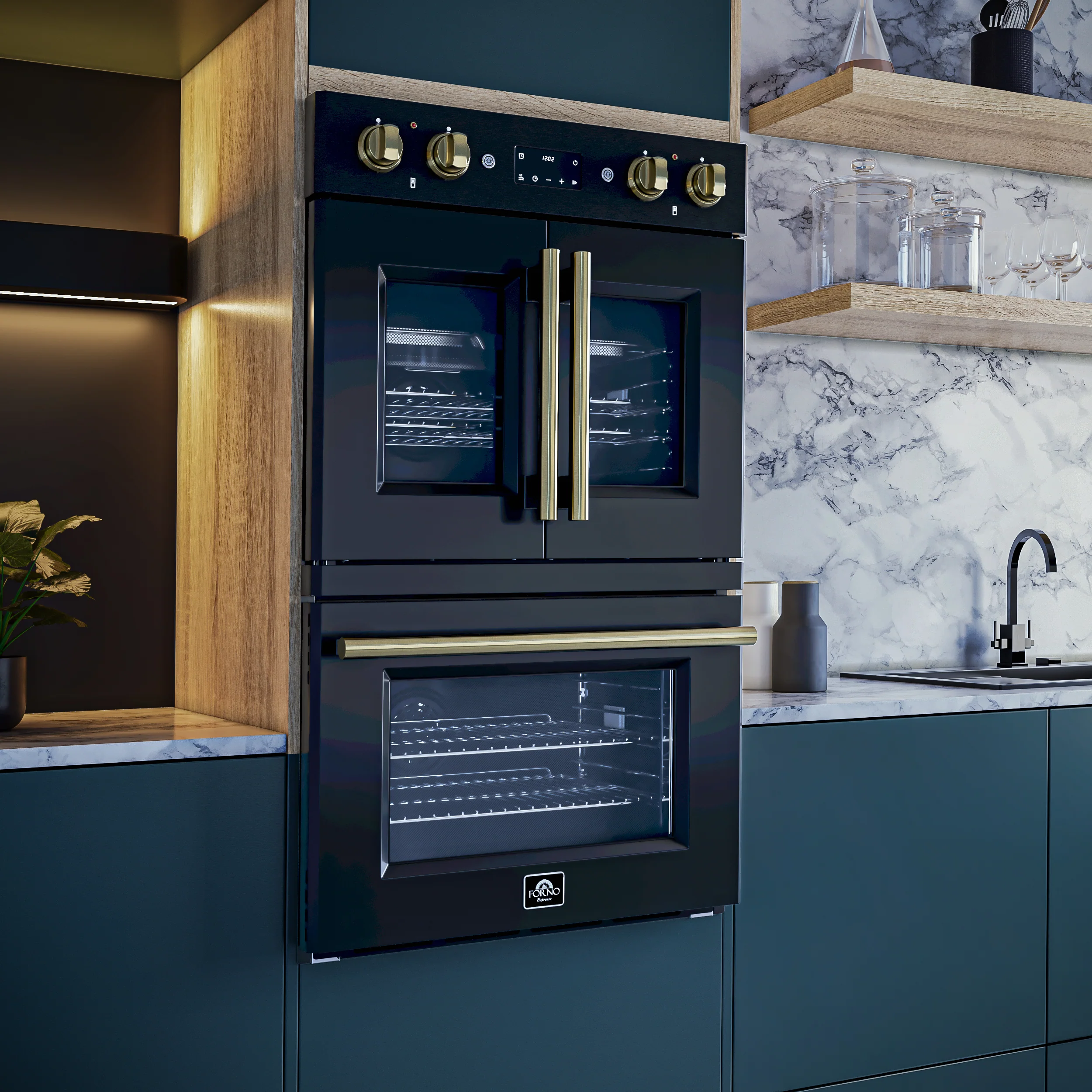 Forno Asti 30-Inch Double Electric Wall Oven with Upper French Doors in Black & Antique Brass, 7.36 cu. ft. Dual True Convection, 7,200W, Air Fry, Sous Vide, Self-Clean - Image 14