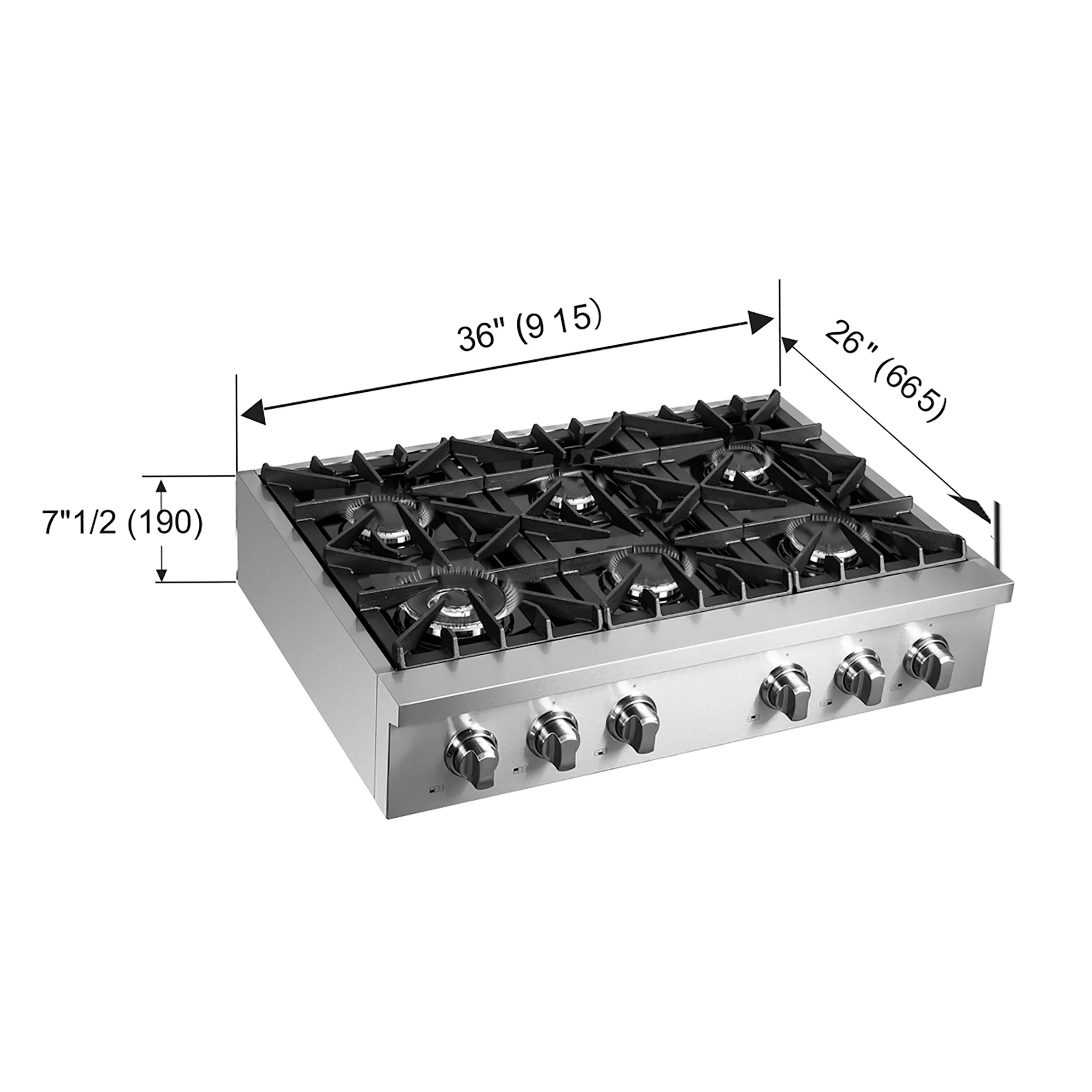Forno Cossato Alta Qualita 36-Inch Pro-Style Gas Rangetop, Stainless Steel, 6 Sealed Burners, 83,000 BTU Total Output, Continuous Cast Iron Grates - Image 4