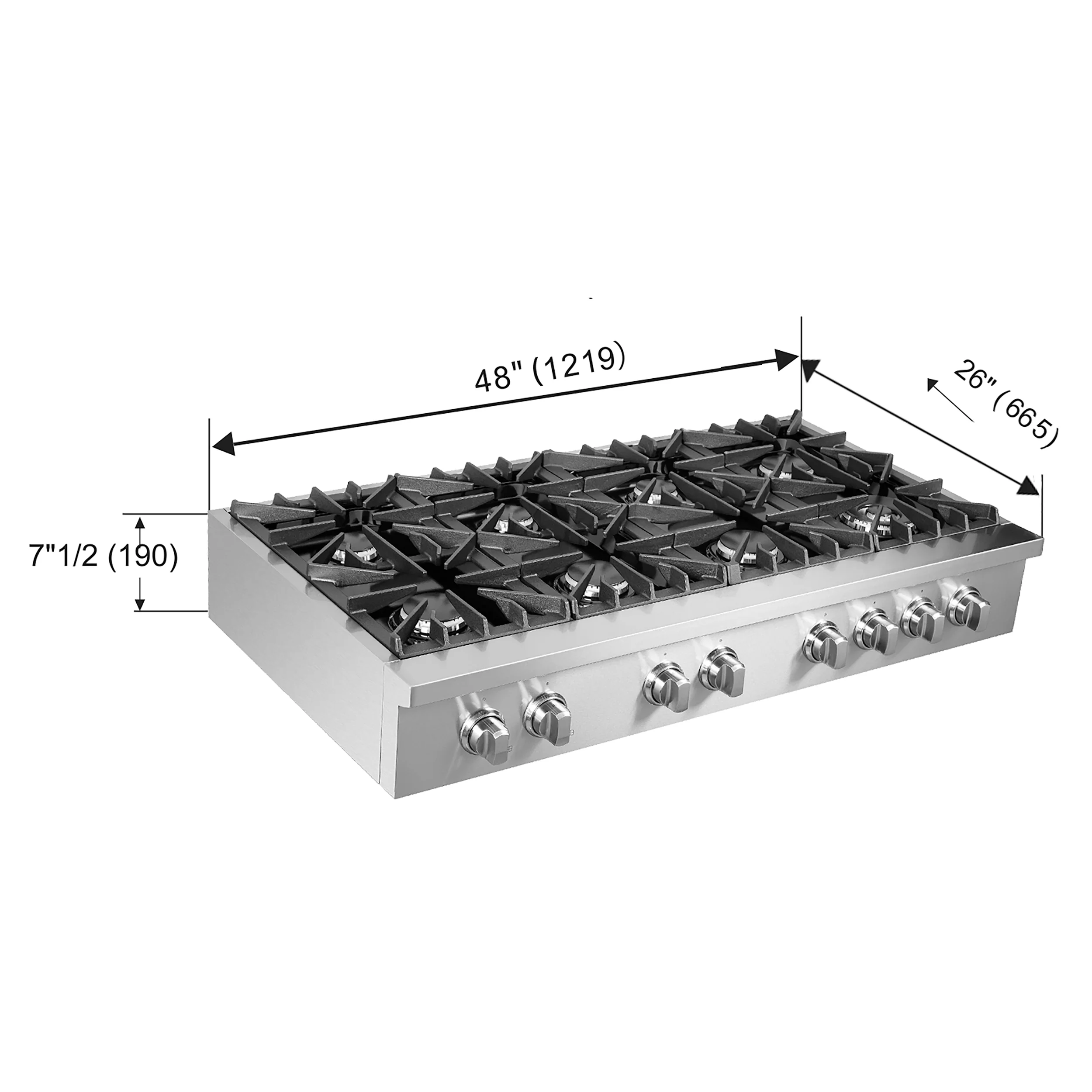 Forno Cossato Alta Qualita 48-Inch Pro-Style Gas Rangetop, Stainless Steel, 8 Sealed Burners, 107,000 BTU Total Output, Continuous Cast Iron Grates - Image 4