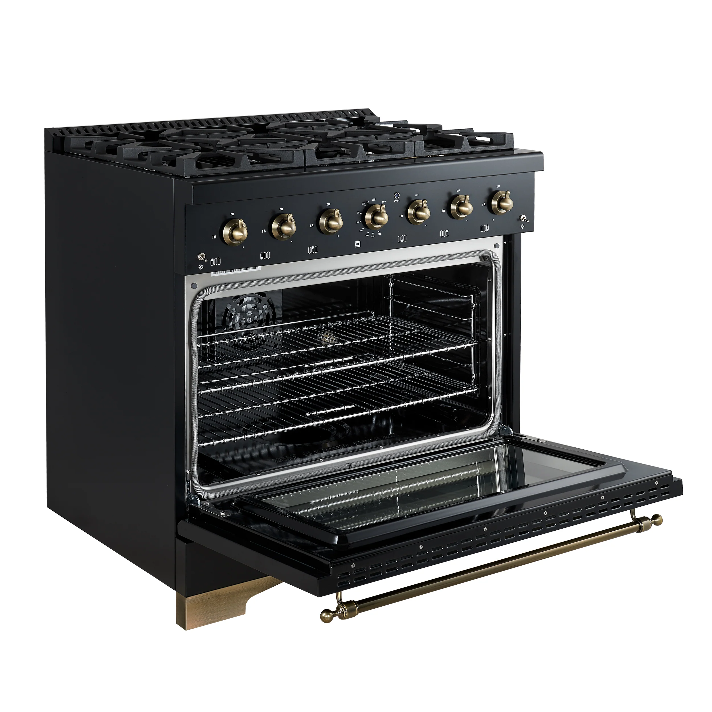 Forno Antico 36-inch Dual Fuel Range, Black and Antique Brass, 6 Burners, 4.5 cu.ft. Convection Oven - Image 5
