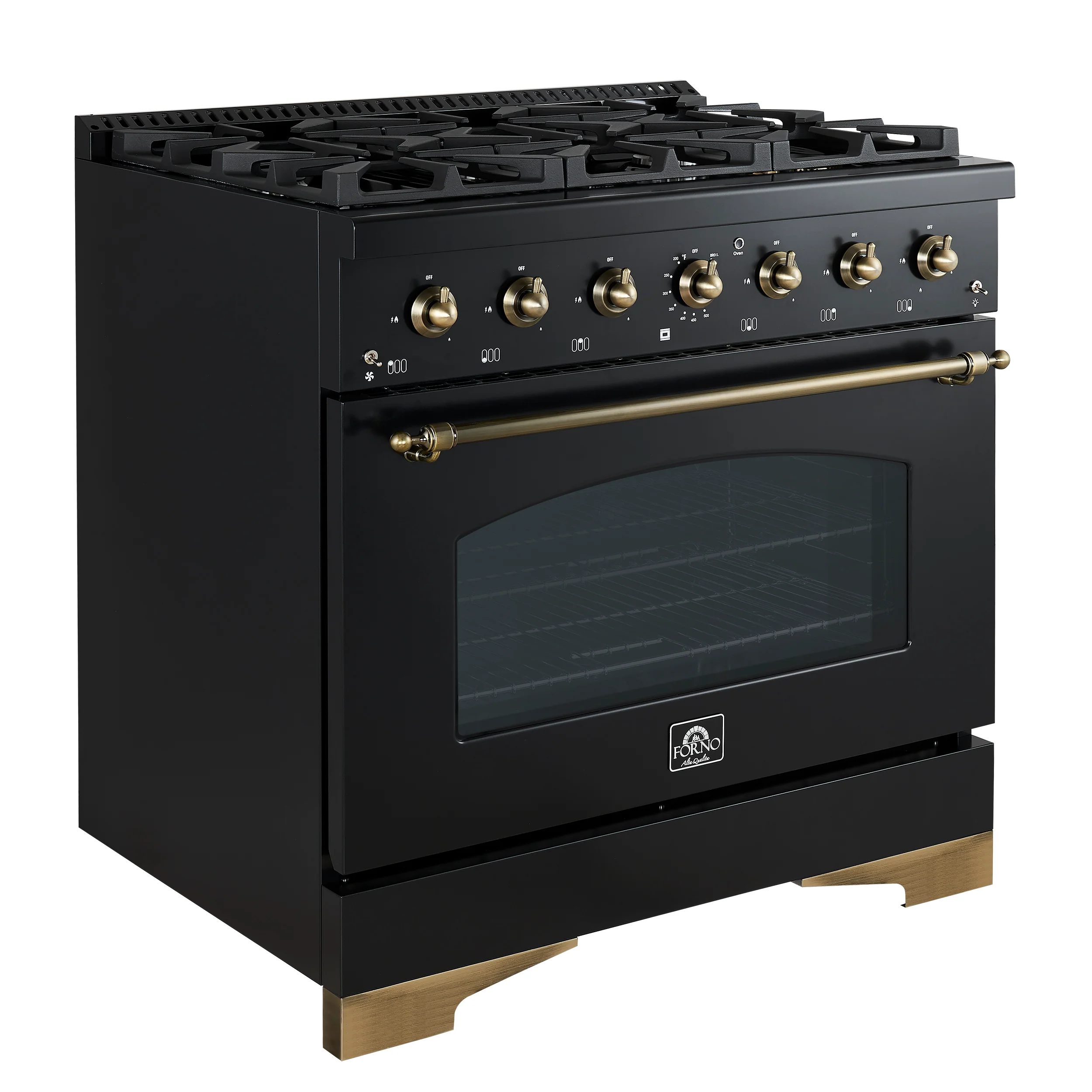 Forno Antico 36-inch Dual Fuel Range, Black and Antique Brass, 6 Burners, 4.5 cu.ft. Convection Oven - Image 7