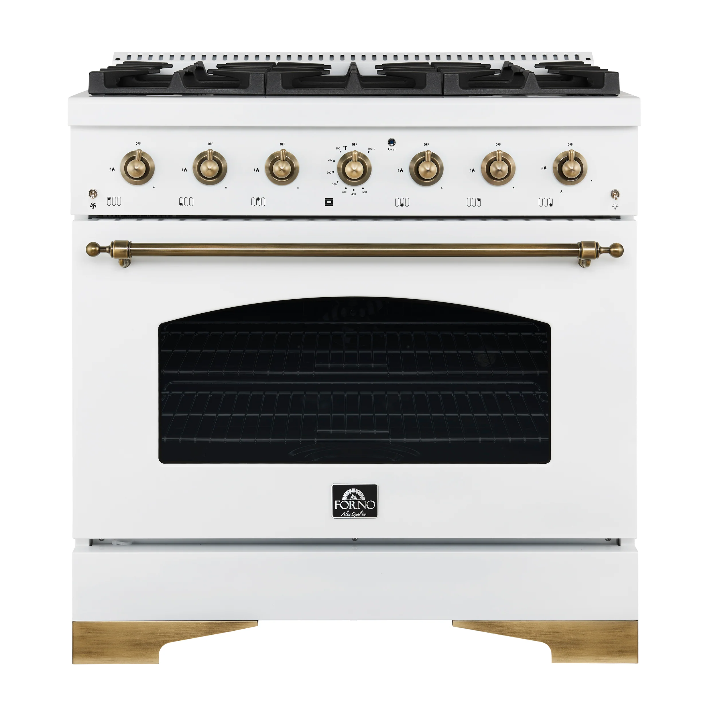 Forno Antico 36-inch Dual Fuel Range White and Antique Brass Design with 6 Sealed Gas Burners and Electric Convection Oven
