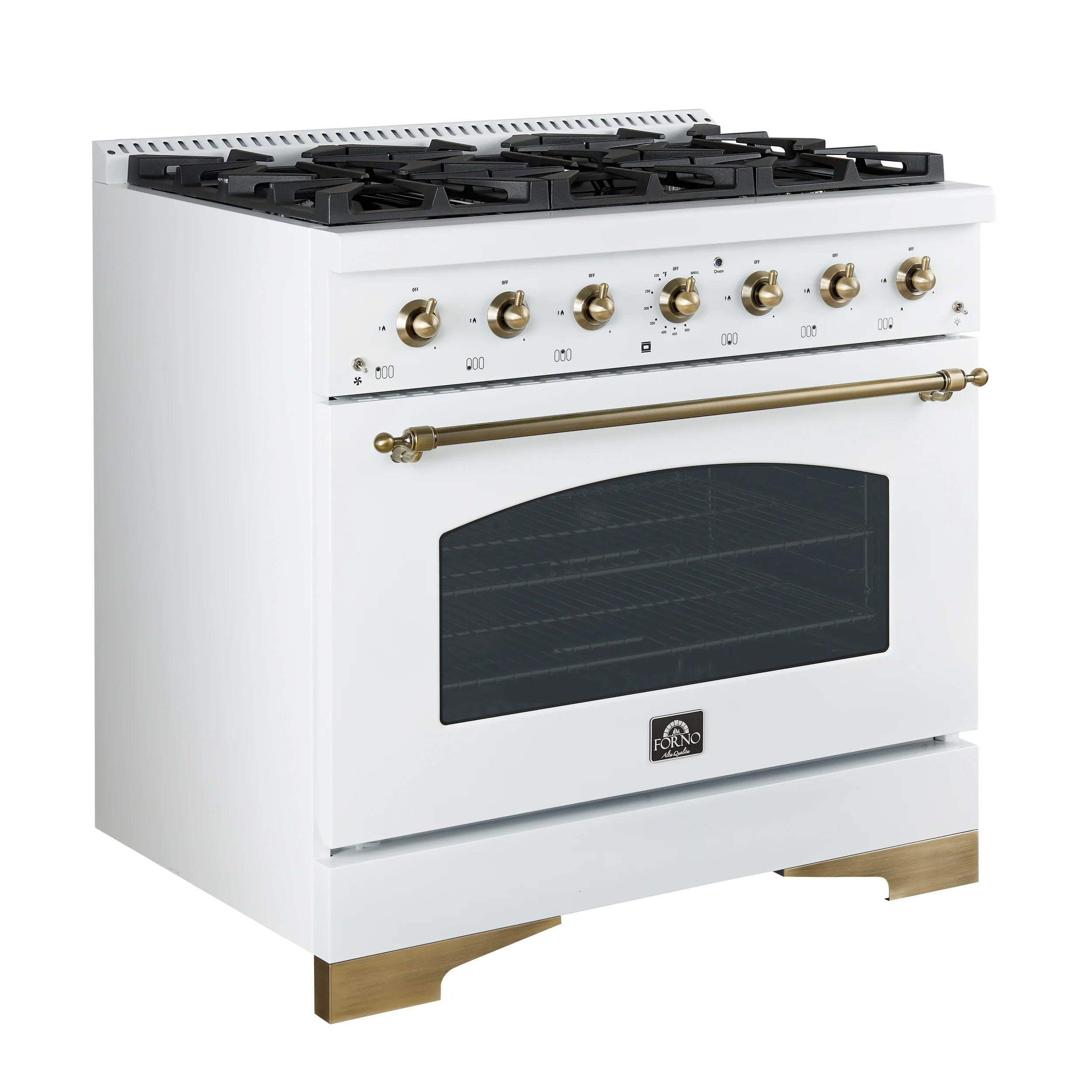 Forno Antico 36-inch Dual Fuel Range White and Antique Brass Design with 6 Sealed Gas Burners and Electric Convection Oven - Image 5