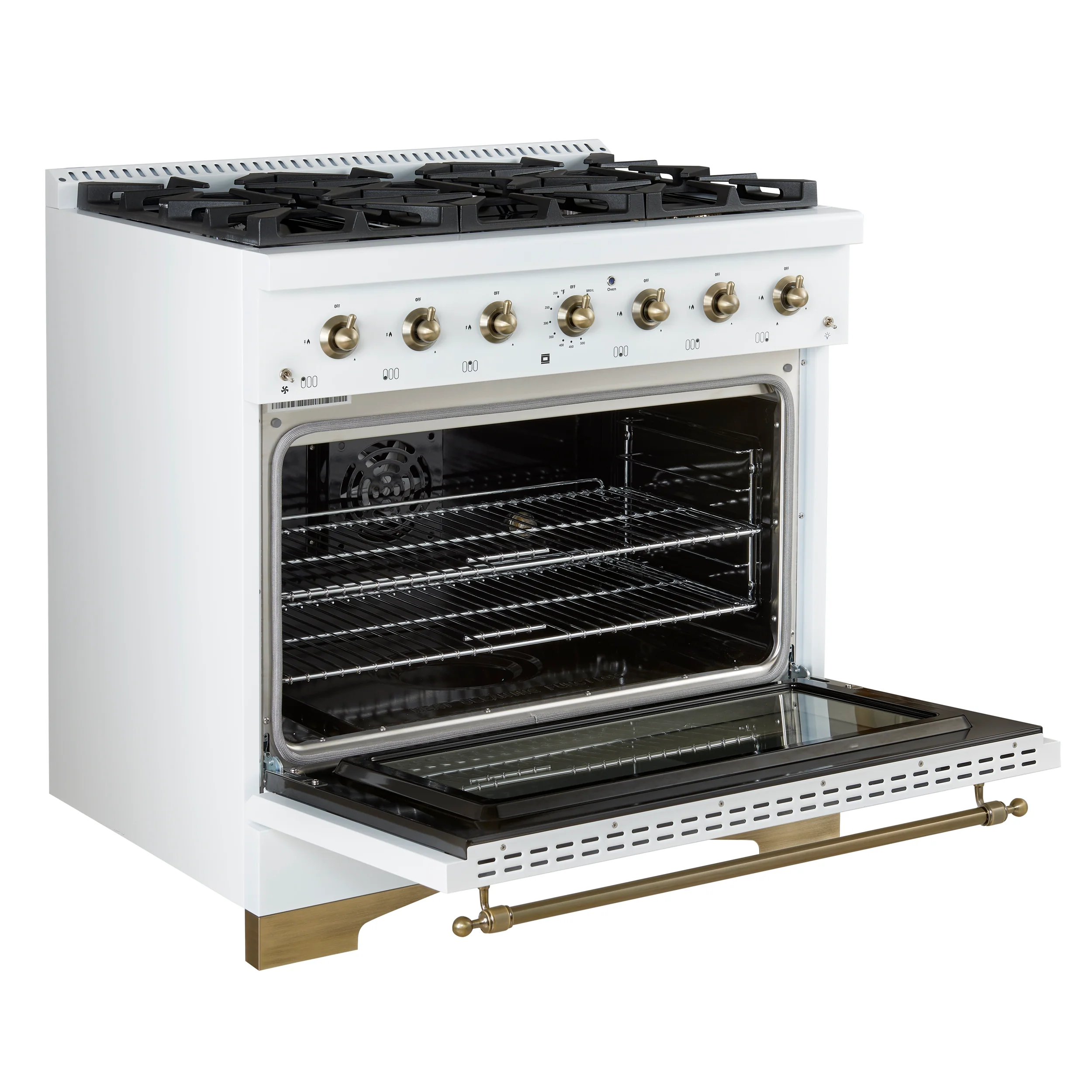 Forno Antico 36-inch Dual Fuel Range White and Antique Brass Design with 6 Sealed Gas Burners and Electric Convection Oven - Image 6