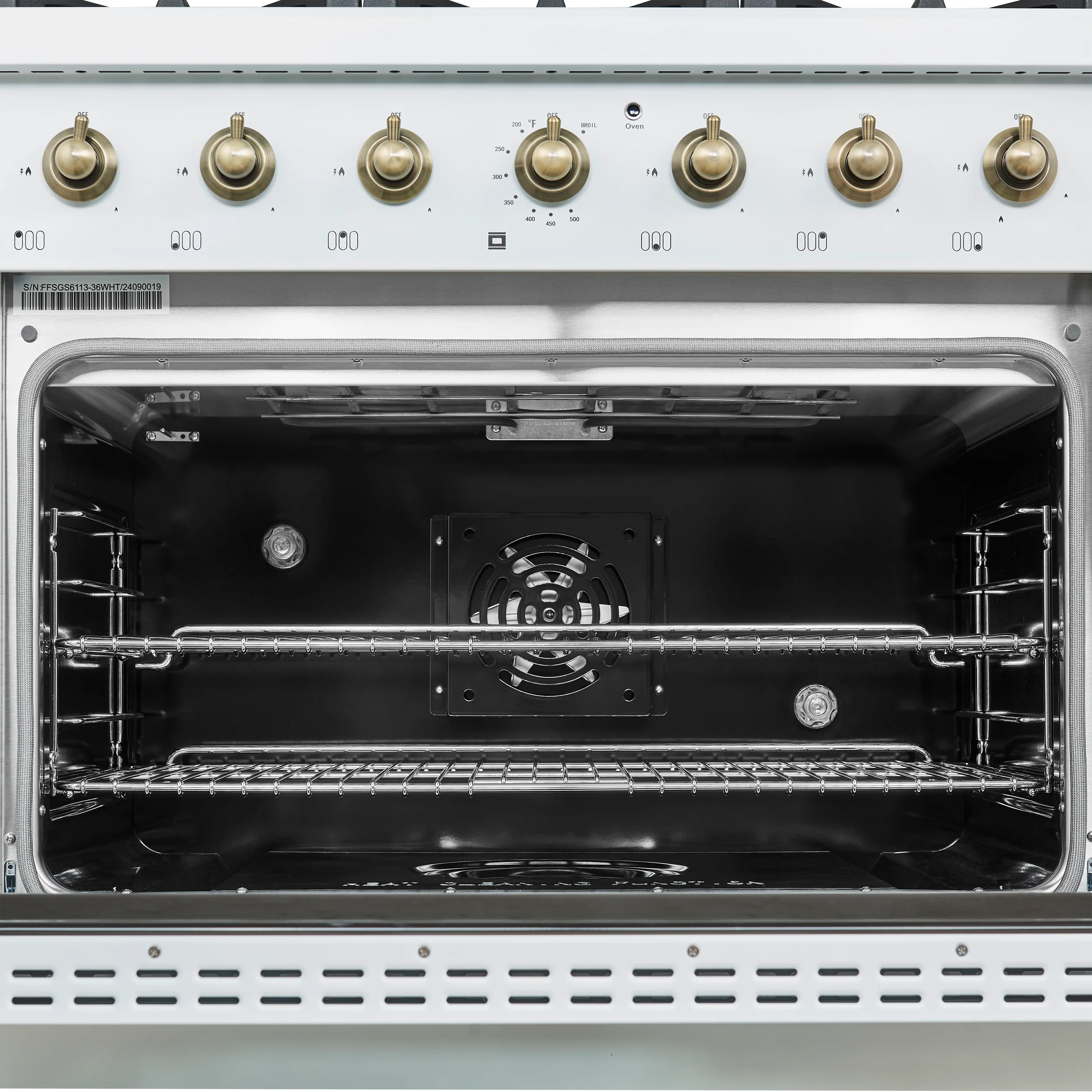 Forno Antico 36-inch Dual Fuel Range White and Antique Brass Design with 6 Sealed Gas Burners and Electric Convection Oven - Image 8