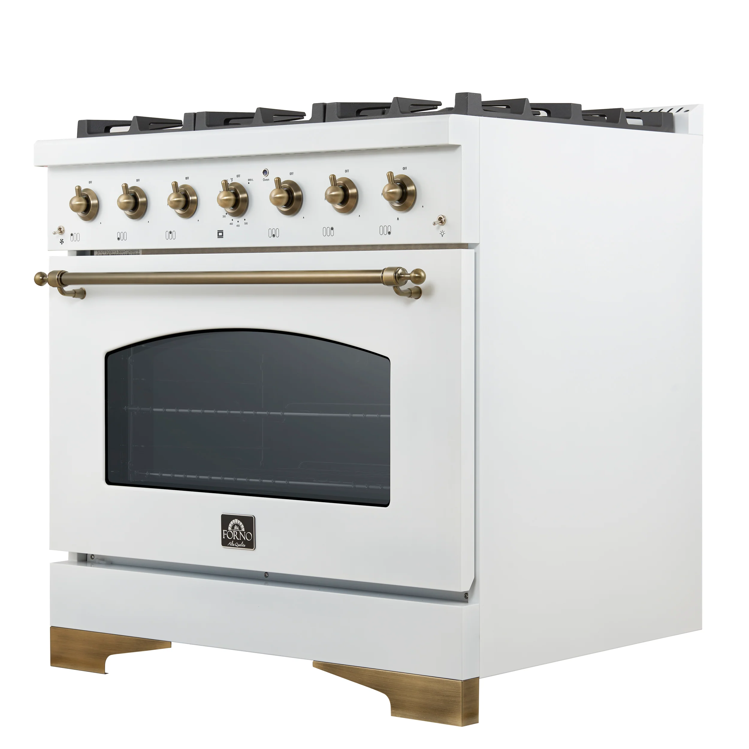 Forno Antico 36-inch Dual Fuel Range White and Antique Brass Design with 6 Sealed Gas Burners and Electric Convection Oven - Image 9
