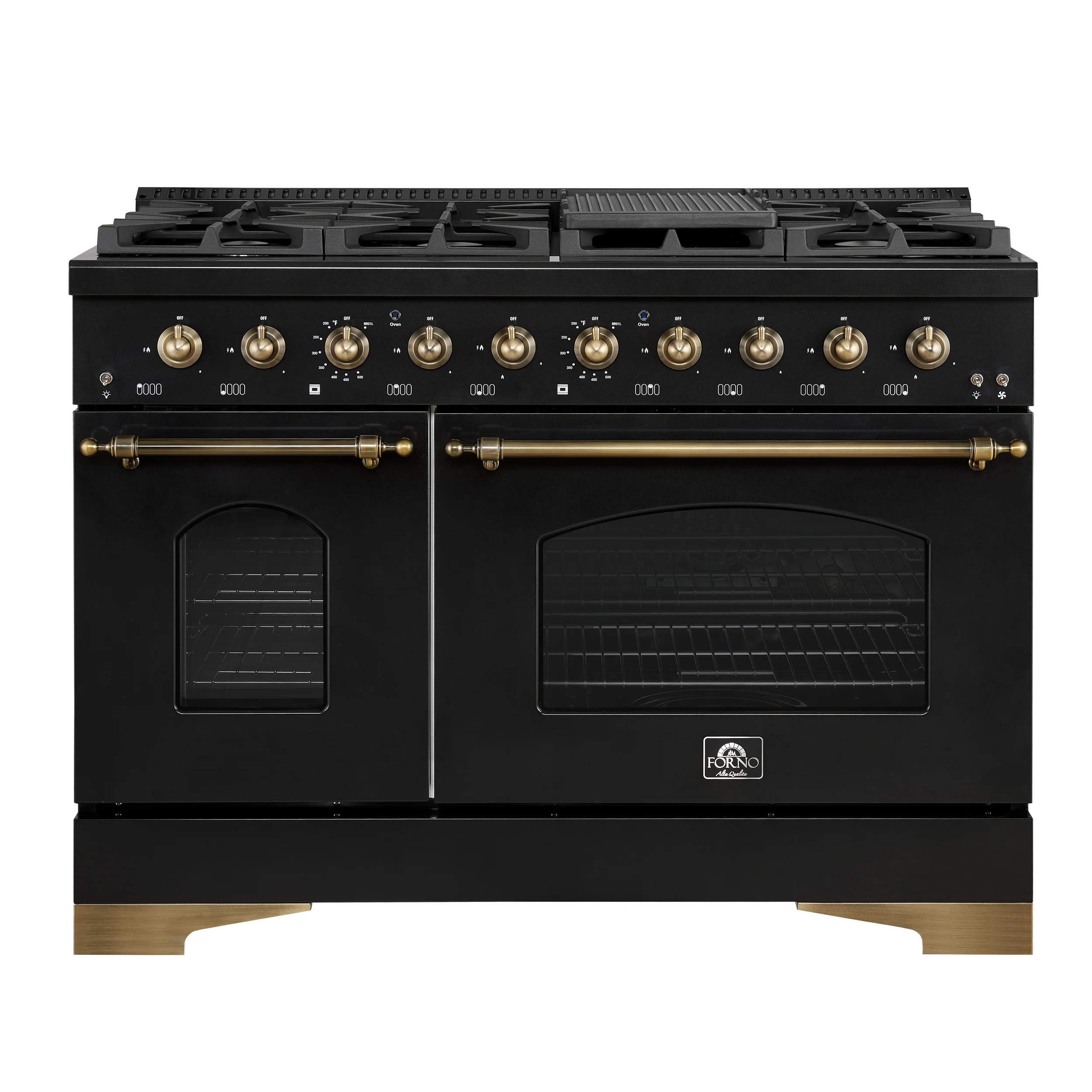 Forno Antico 48-Inch Dual Fuel Range, Black with Antique Brass Finish, 8 Burners, 94,000 BTU, 5.5 cu.ft. Double Ovens & Griddle