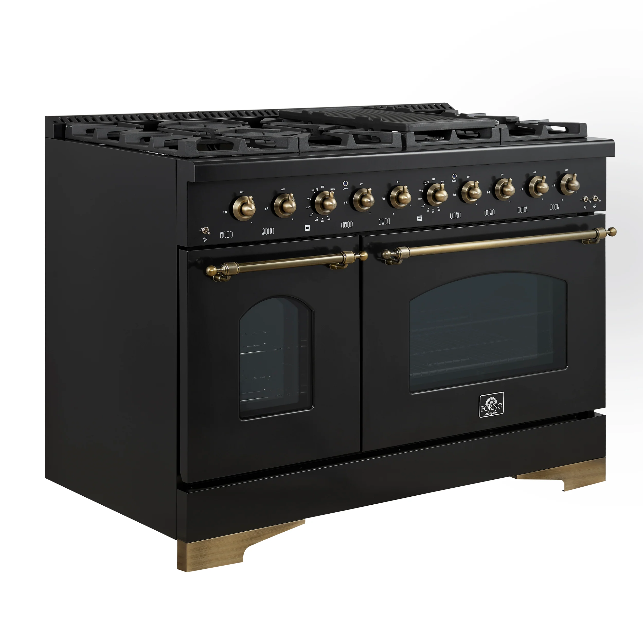 Forno Antico 48-Inch Dual Fuel Range, Black with Antique Brass Finish, 8 Burners, 94,000 BTU, 5.5 cu.ft. Double Ovens & Griddle - Image 2