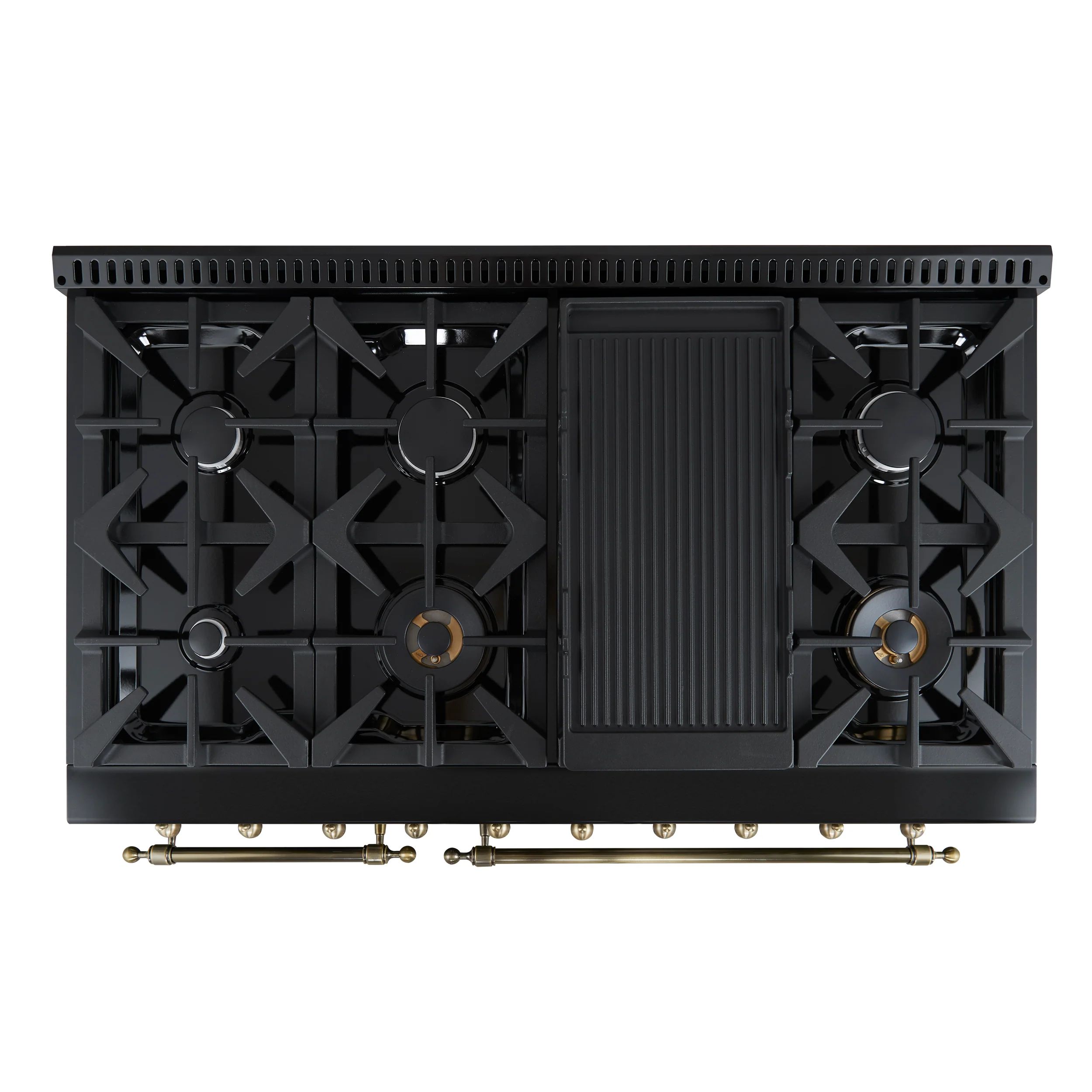 Forno Antico 48-Inch Dual Fuel Range, Black with Antique Brass Finish, 8 Burners, 94,000 BTU, 5.5 cu.ft. Double Ovens & Griddle - Image 3