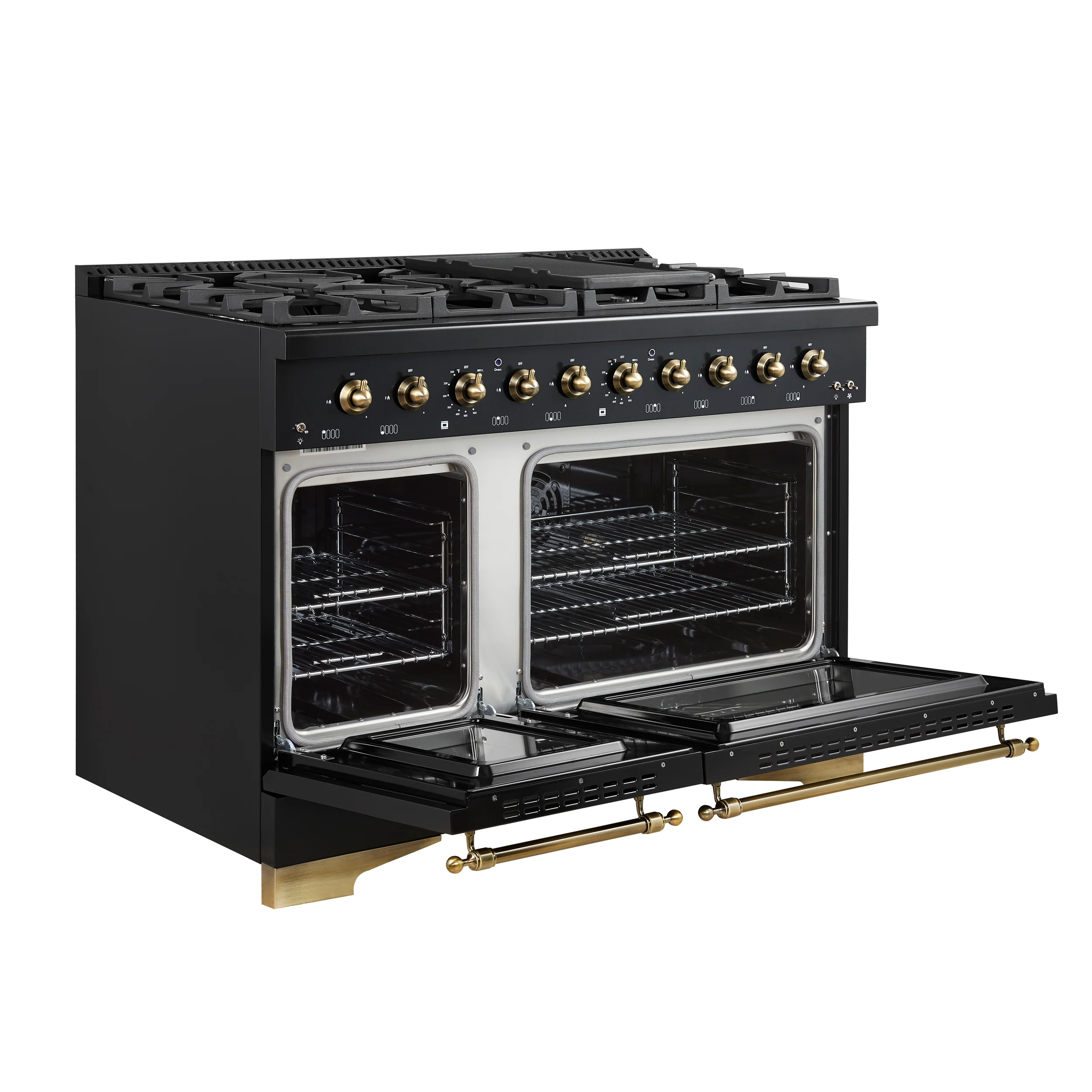 Forno Antico 48-Inch Dual Fuel Range, Black with Antique Brass Finish, 8 Burners, 94,000 BTU, 5.5 cu.ft. Double Ovens & Griddle - Image 6
