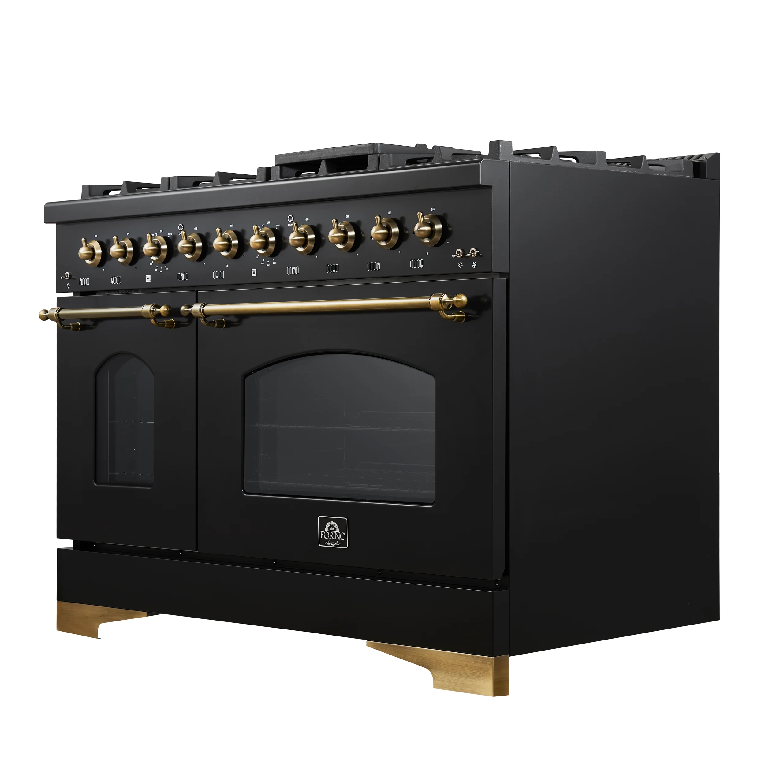 Forno Antico 48-Inch Dual Fuel Range, Black with Antique Brass Finish, 8 Burners, 94,000 BTU, 5.5 cu.ft. Double Ovens & Griddle - Image 7