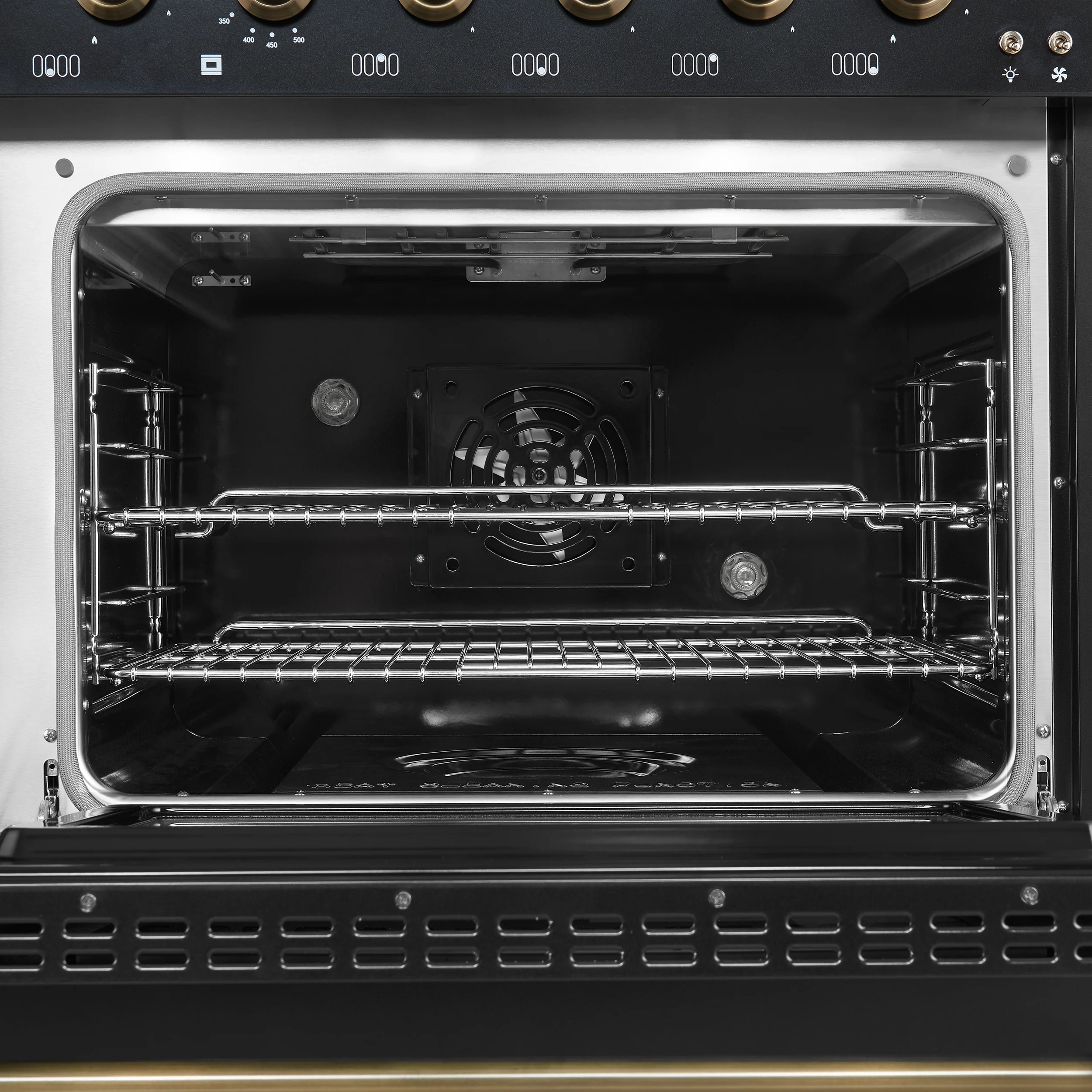 Forno Antico 48-Inch Dual Fuel Range, Black with Antique Brass Finish, 8 Burners, 94,000 BTU, 5.5 cu.ft. Double Ovens & Griddle - Image 9