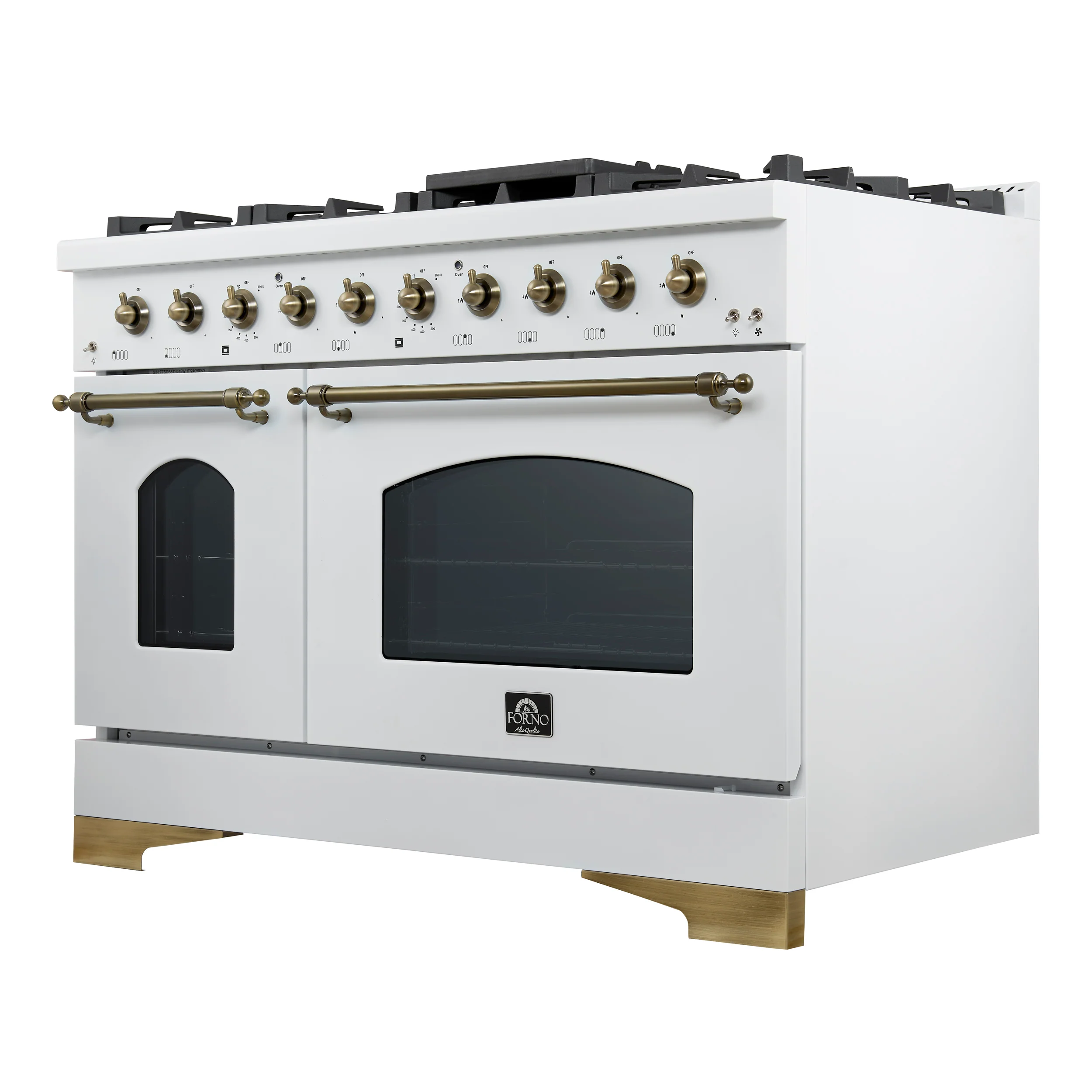 Forno Antico 48-Inch Dual Fuel Range, White with Antique Brass Finish, 8 Burners, 94,000 BTU, 5.5 cu.ft. Double Ovens & Griddle - Image 10