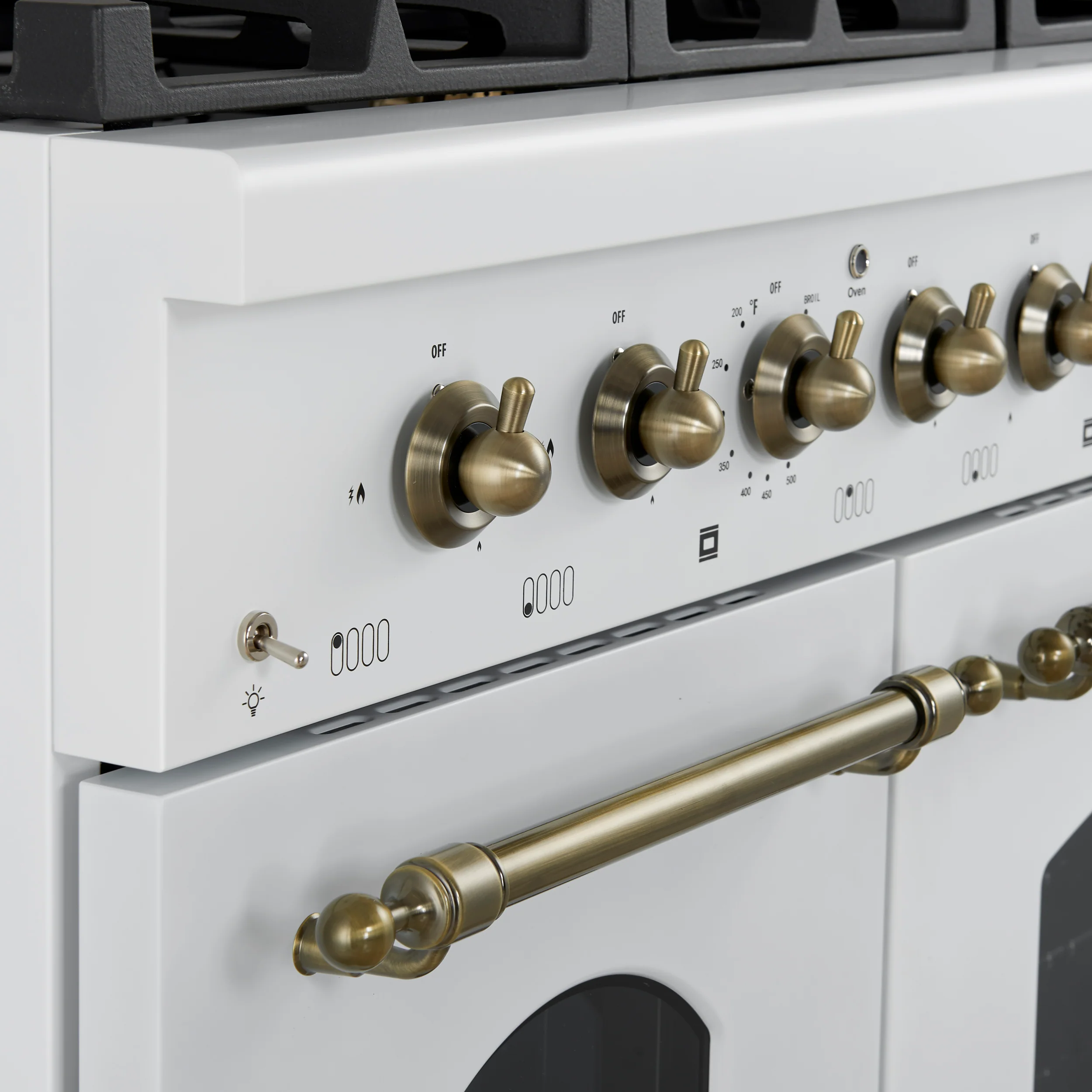 Forno Antico 48-Inch Dual Fuel Range, White with Antique Brass Finish, 8 Burners, 94,000 BTU, 5.5 cu.ft. Double Ovens & Griddle - Image 2
