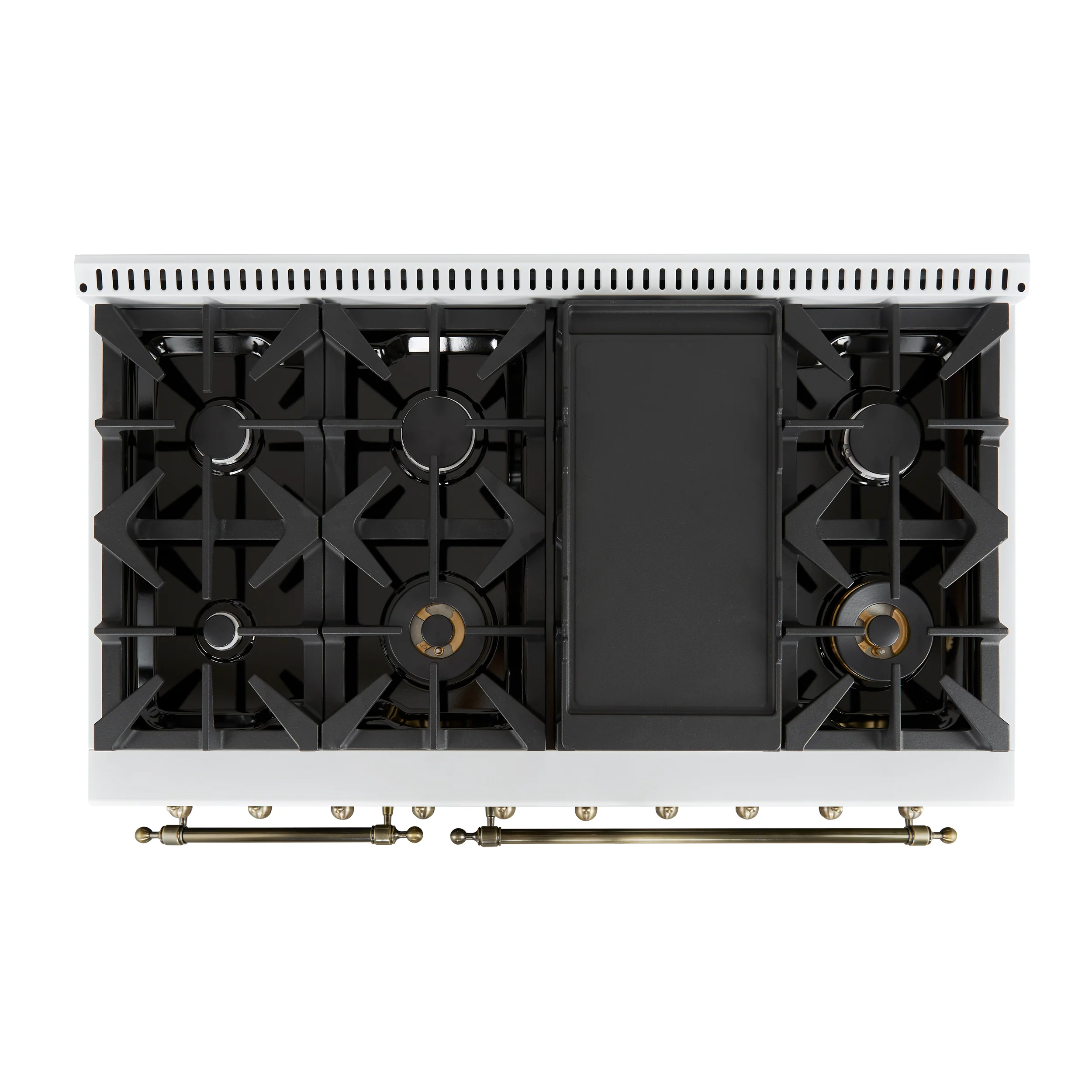 Forno Antico 48-Inch Dual Fuel Range, White with Antique Brass Finish, 8 Burners, 94,000 BTU, 5.5 cu.ft. Double Ovens & Griddle - Image 4