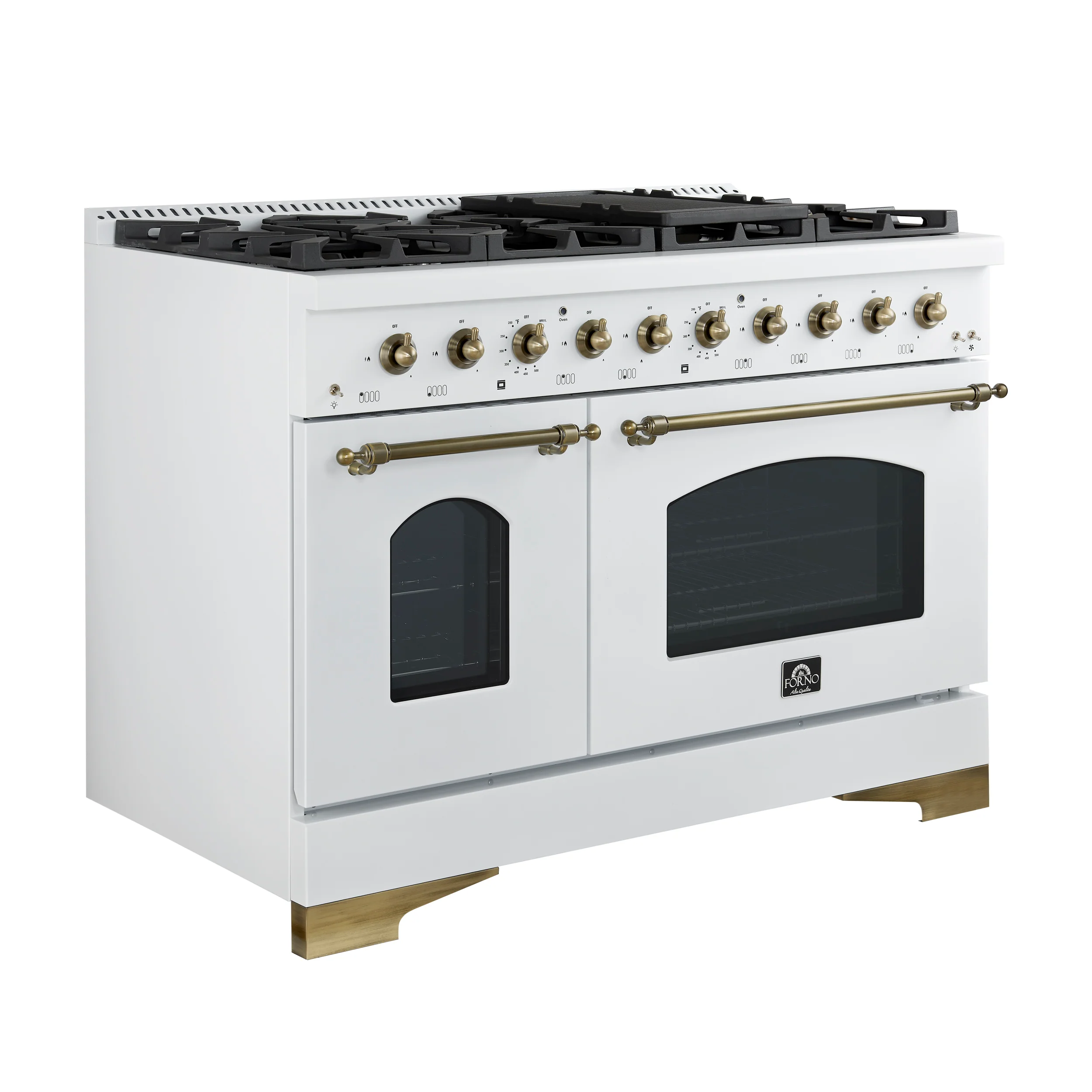 Forno Antico 48-Inch Dual Fuel Range, White with Antique Brass Finish, 8 Burners, 94,000 BTU, 5.5 cu.ft. Double Ovens & Griddle - Image 5