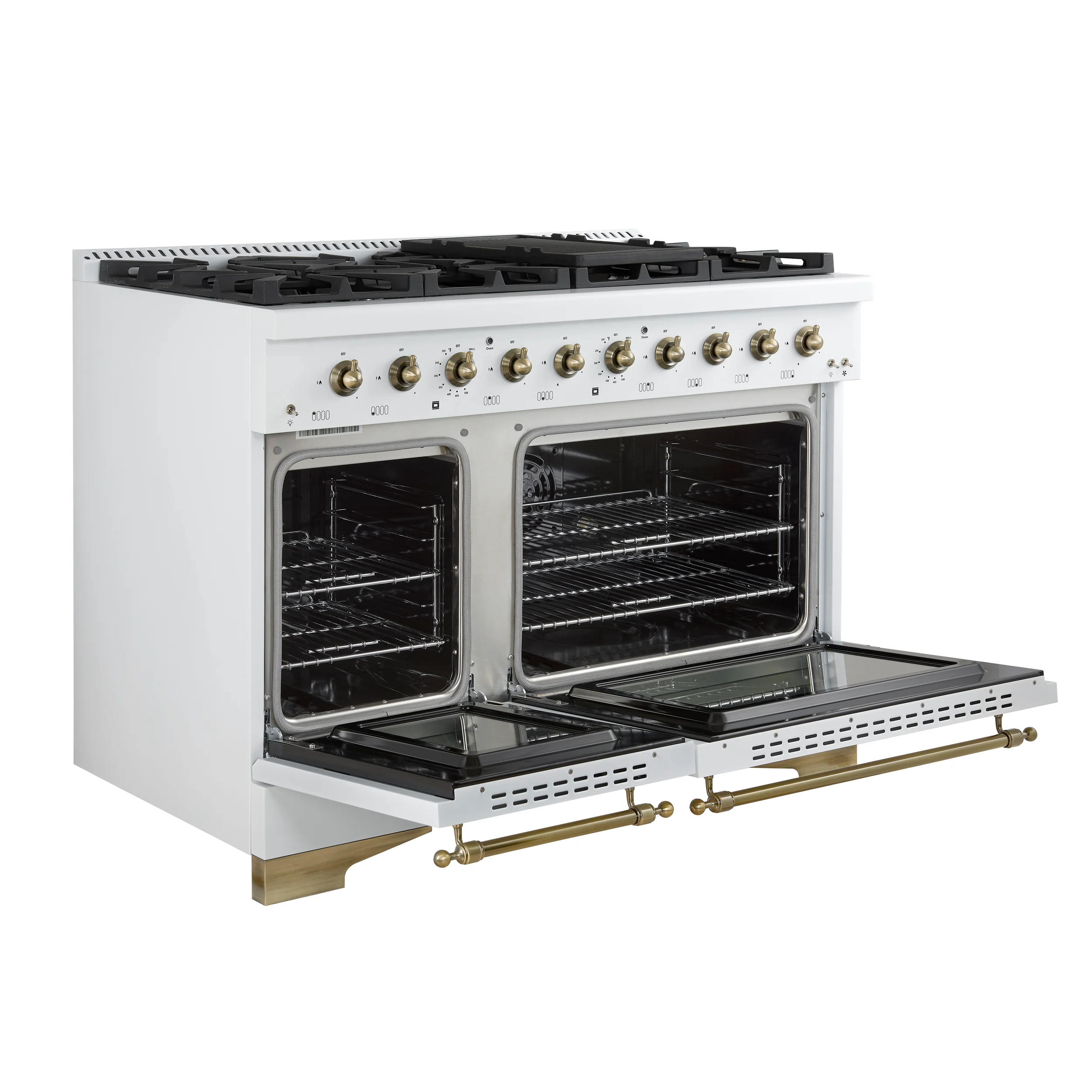 Forno Antico 48-Inch Dual Fuel Range, White with Antique Brass Finish, 8 Burners, 94,000 BTU, 5.5 cu.ft. Double Ovens & Griddle - Image 6