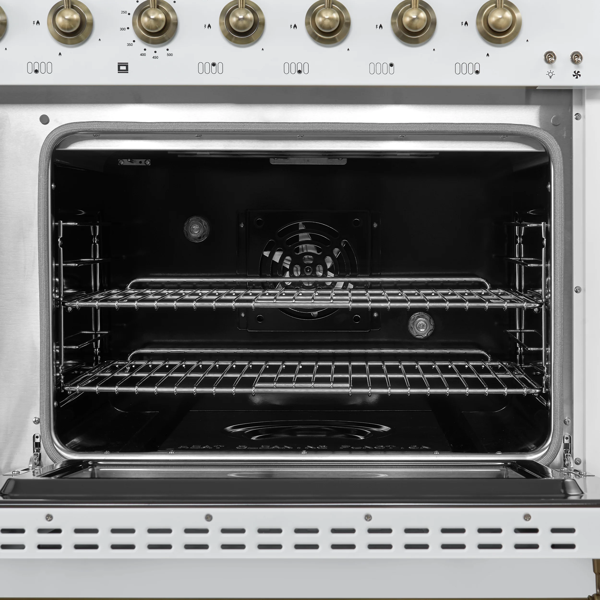 Forno Antico 48-Inch Dual Fuel Range, White with Antique Brass Finish, 8 Burners, 94,000 BTU, 5.5 cu.ft. Double Ovens & Griddle - Image 8