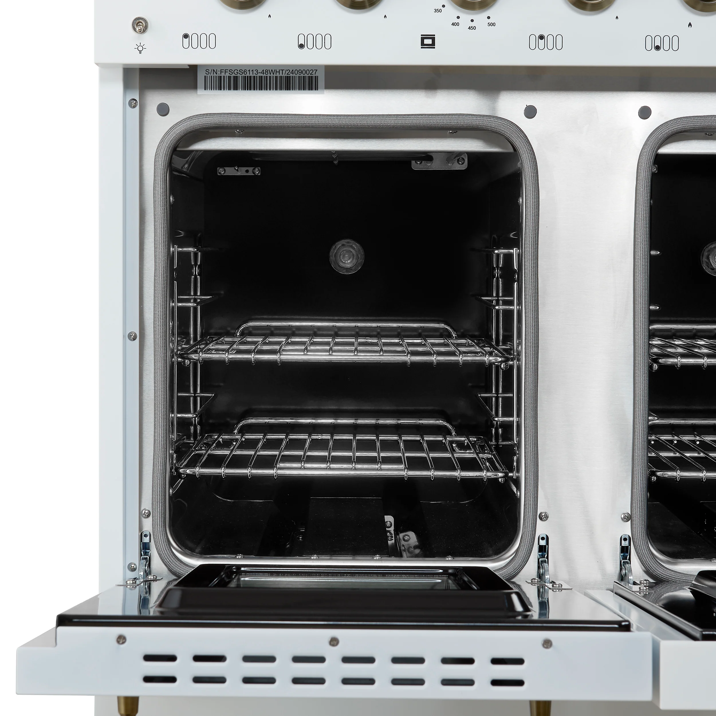 Forno Antico 48-Inch Dual Fuel Range, White with Antique Brass Finish, 8 Burners, 94,000 BTU, 5.5 cu.ft. Double Ovens & Griddle - Image 9