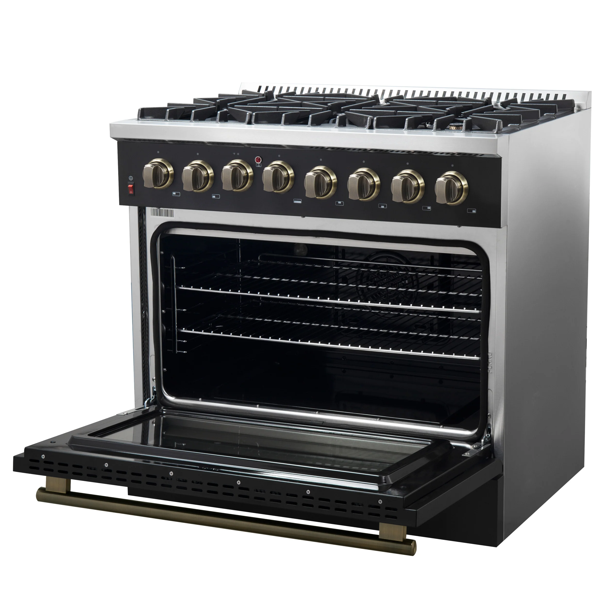 Forno Galiano 36-inch Dual Fuel Range in Black & Antique Brass Design, 6 Sealed Burners 83,000 BTU, 5.36 cu.ft. True Convection Oven - Image 11