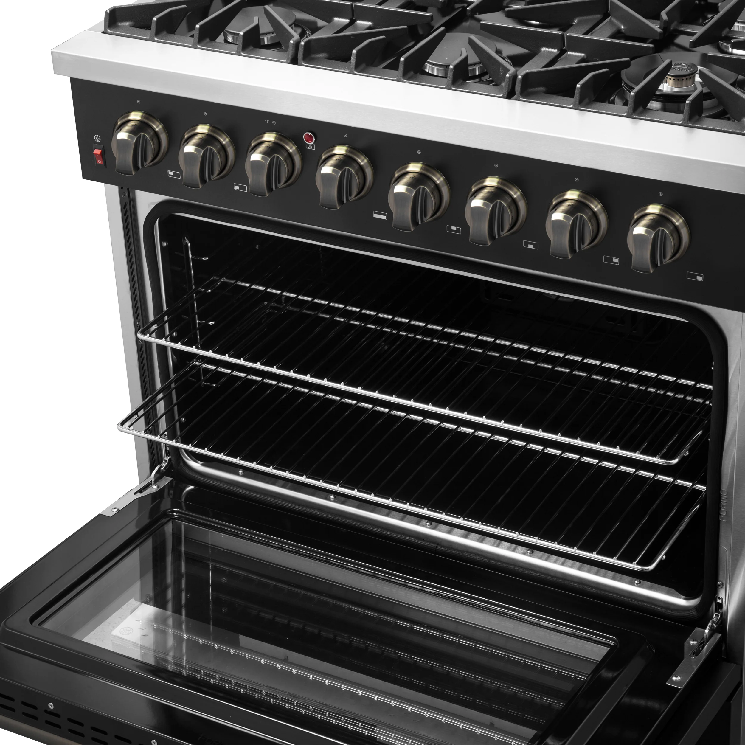 Forno Galiano 36-inch Dual Fuel Range in Black & Antique Brass Design, 6 Sealed Burners 83,000 BTU, 5.36 cu.ft. True Convection Oven - Image 12