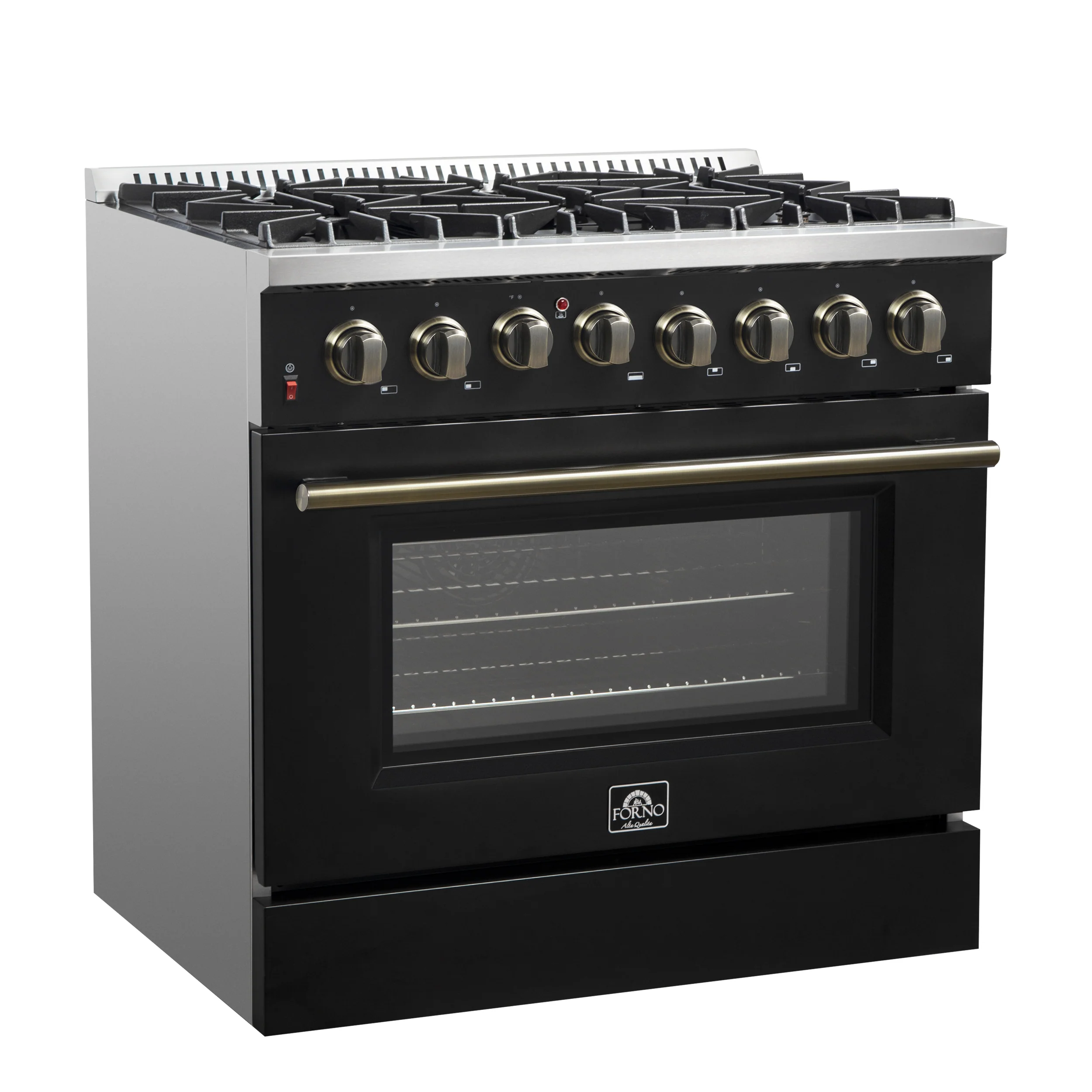 Forno Galiano 36-inch Dual Fuel Range in Black & Antique Brass Design, 6 Sealed Burners 83,000 BTU, 5.36 cu.ft. True Convection Oven - Image 13