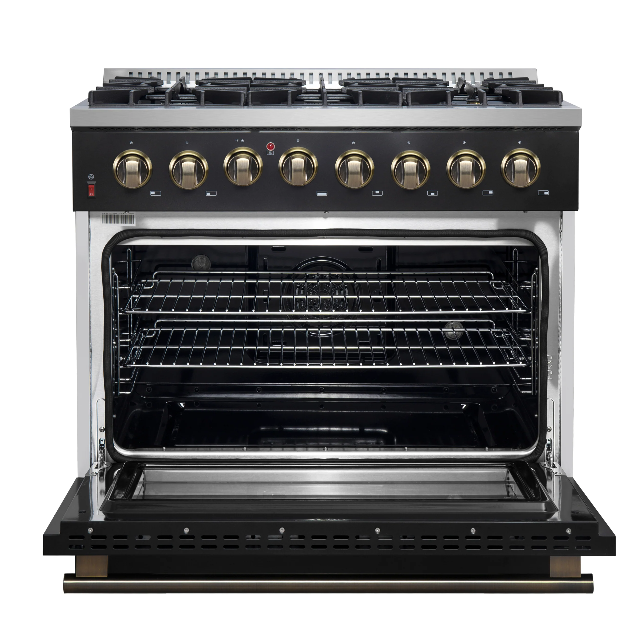 Forno Galiano 36-inch Dual Fuel Range in Black & Antique Brass Design, 6 Sealed Burners 83,000 BTU, 5.36 cu.ft. True Convection Oven - Image 2