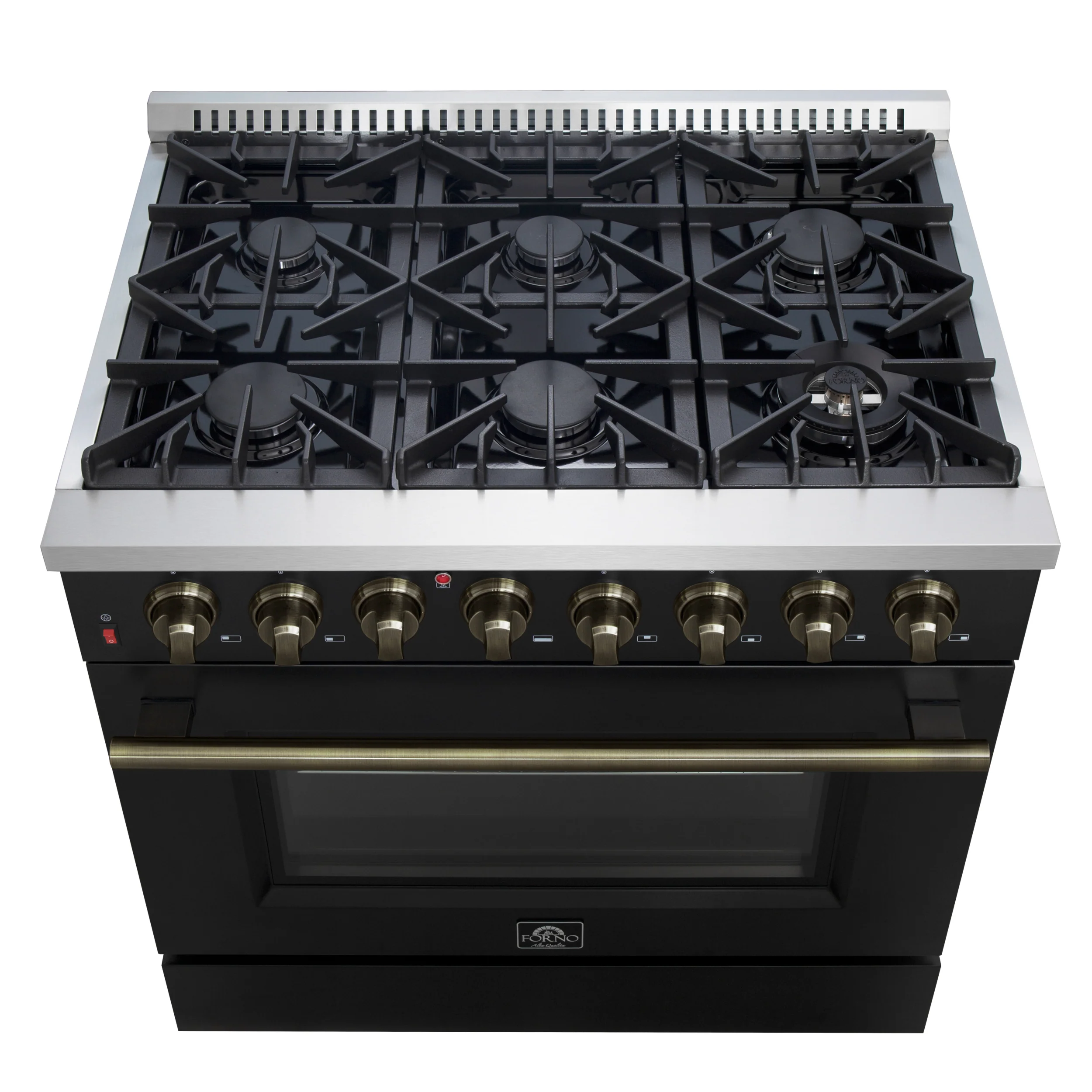 Forno Galiano 36-inch Dual Fuel Range in Black & Antique Brass Design, 6 Sealed Burners 83,000 BTU, 5.36 cu.ft. True Convection Oven - Image 3