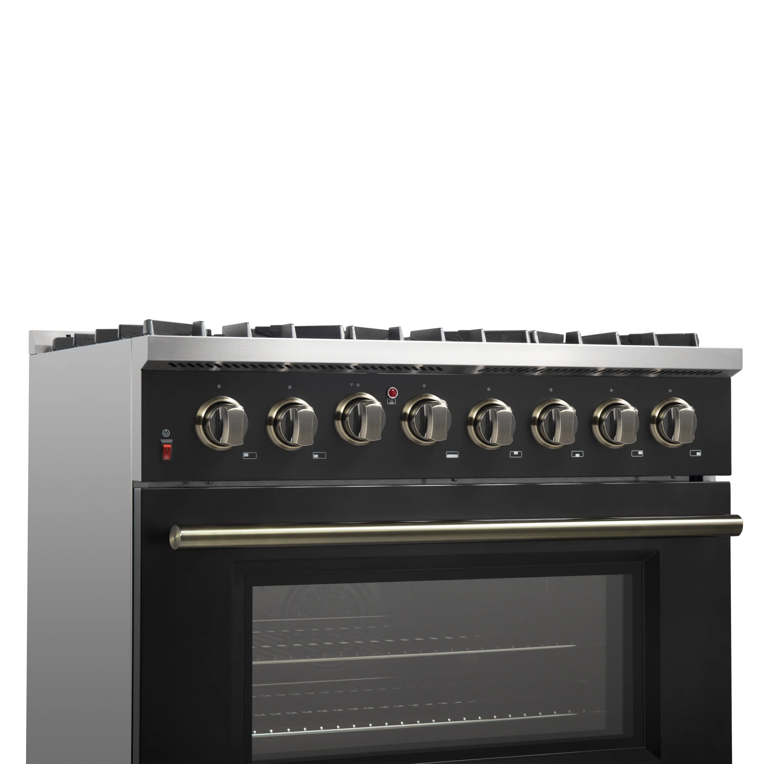 Forno Galiano 36-inch Dual Fuel Range in Black & Antique Brass Design, 6 Sealed Burners 83,000 BTU, 5.36 cu.ft. True Convection Oven - Image 4