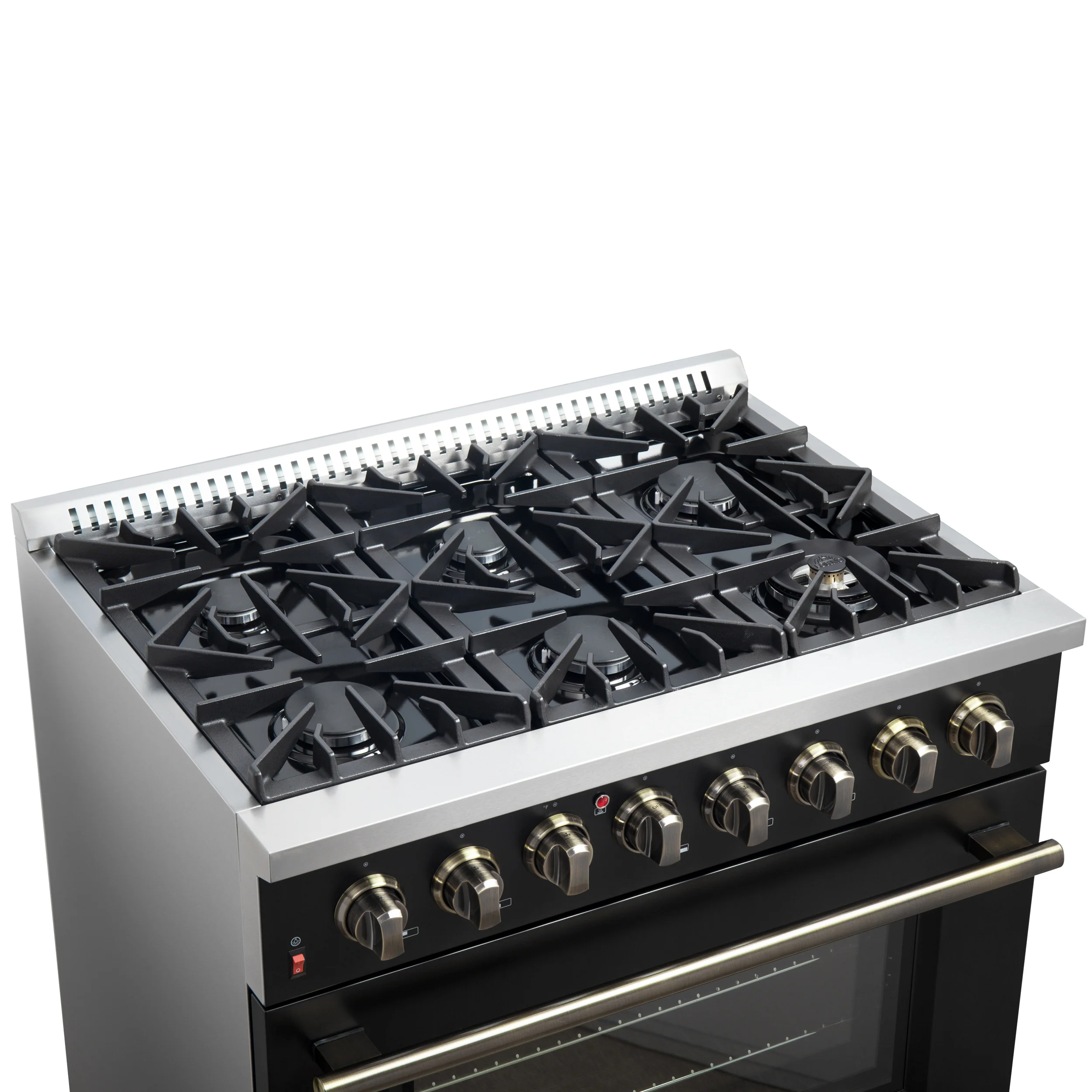 Forno Galiano 36-inch Dual Fuel Range in Black & Antique Brass Design, 6 Sealed Burners 83,000 BTU, 5.36 cu.ft. True Convection Oven - Image 5