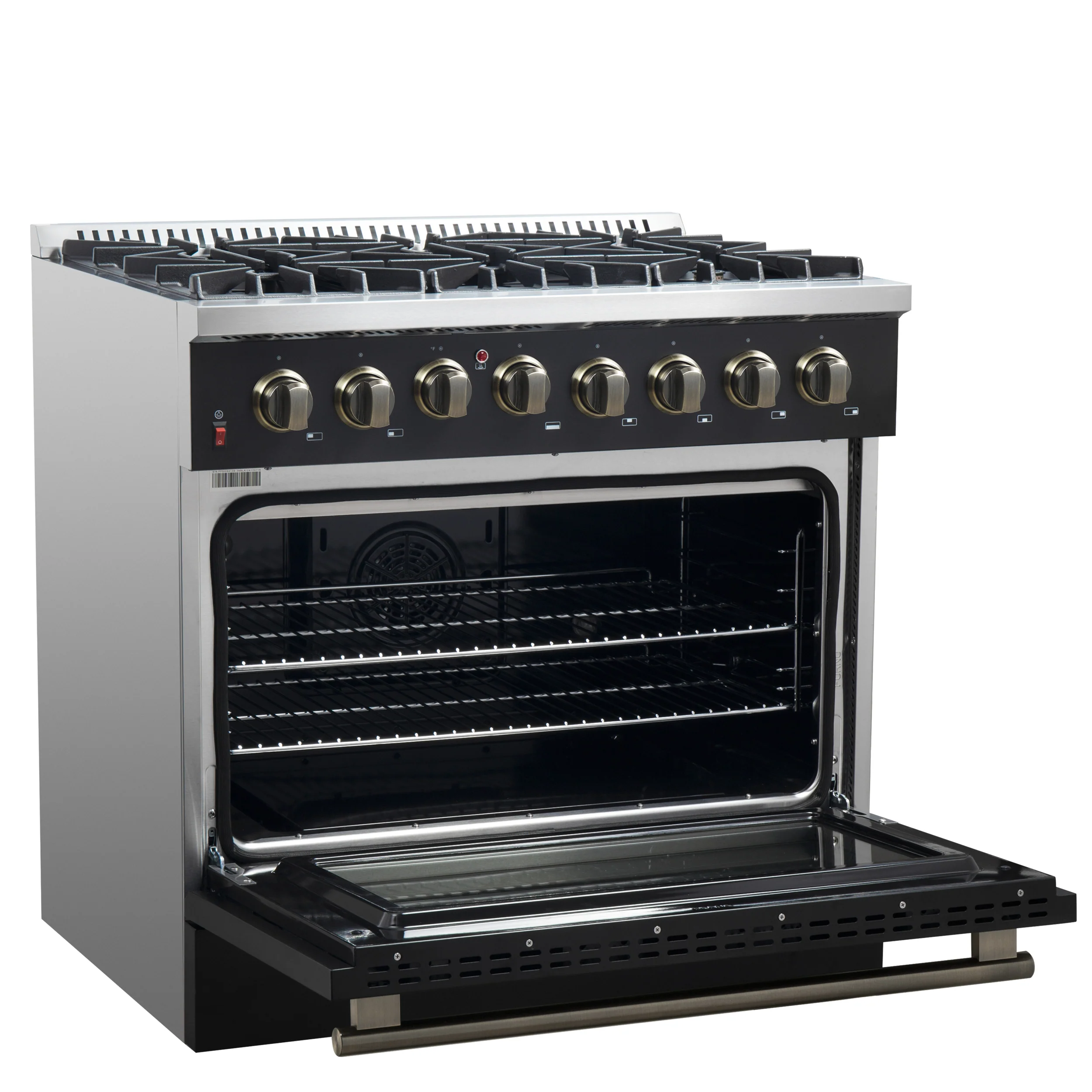 Forno Galiano 36-inch Dual Fuel Range in Black & Antique Brass Design, 6 Sealed Burners 83,000 BTU, 5.36 cu.ft. True Convection Oven - Image 6