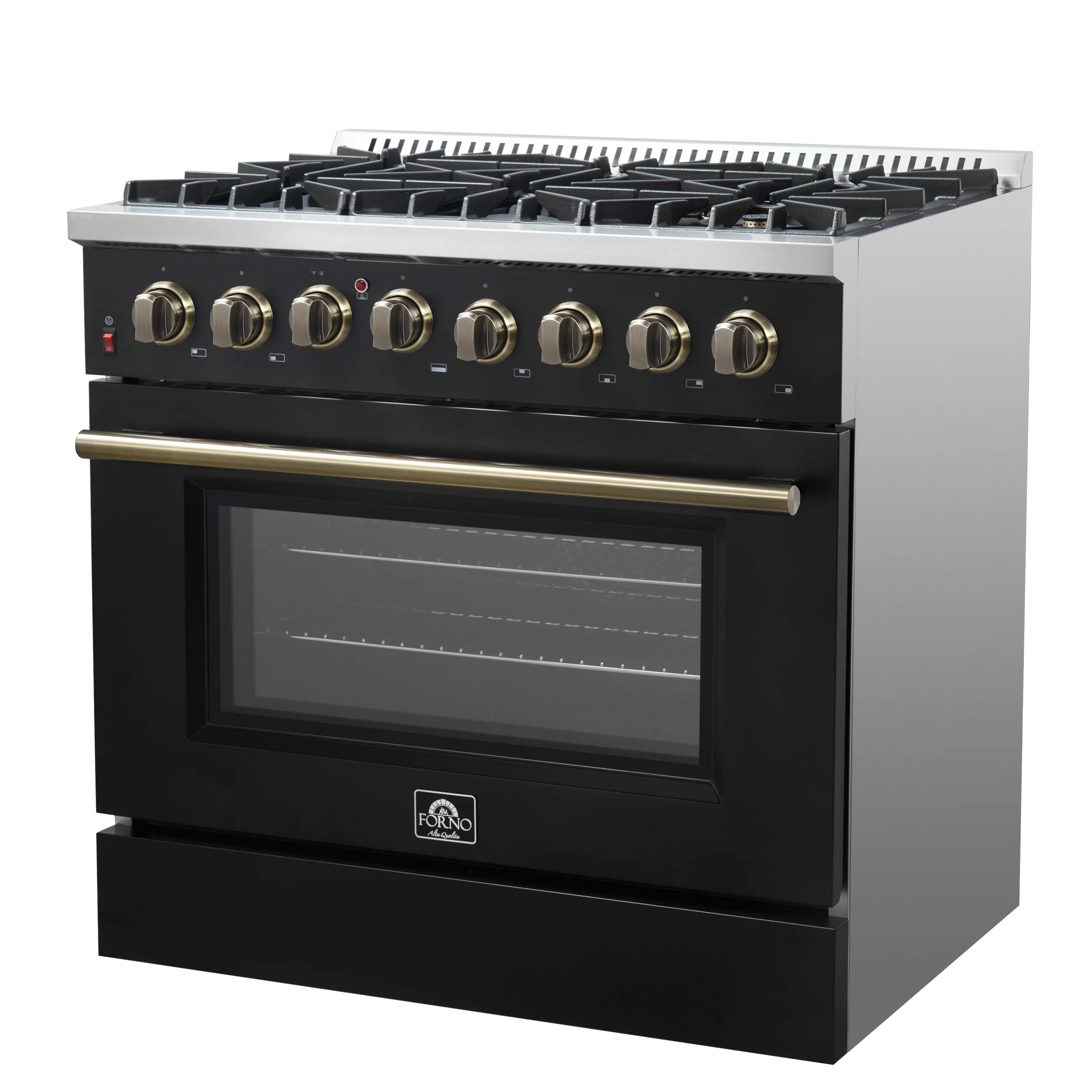 Forno Galiano 36-inch Dual Fuel Range in Black & Antique Brass Design, 6 Sealed Burners 83,000 BTU, 5.36 cu.ft. True Convection Oven - Image 9