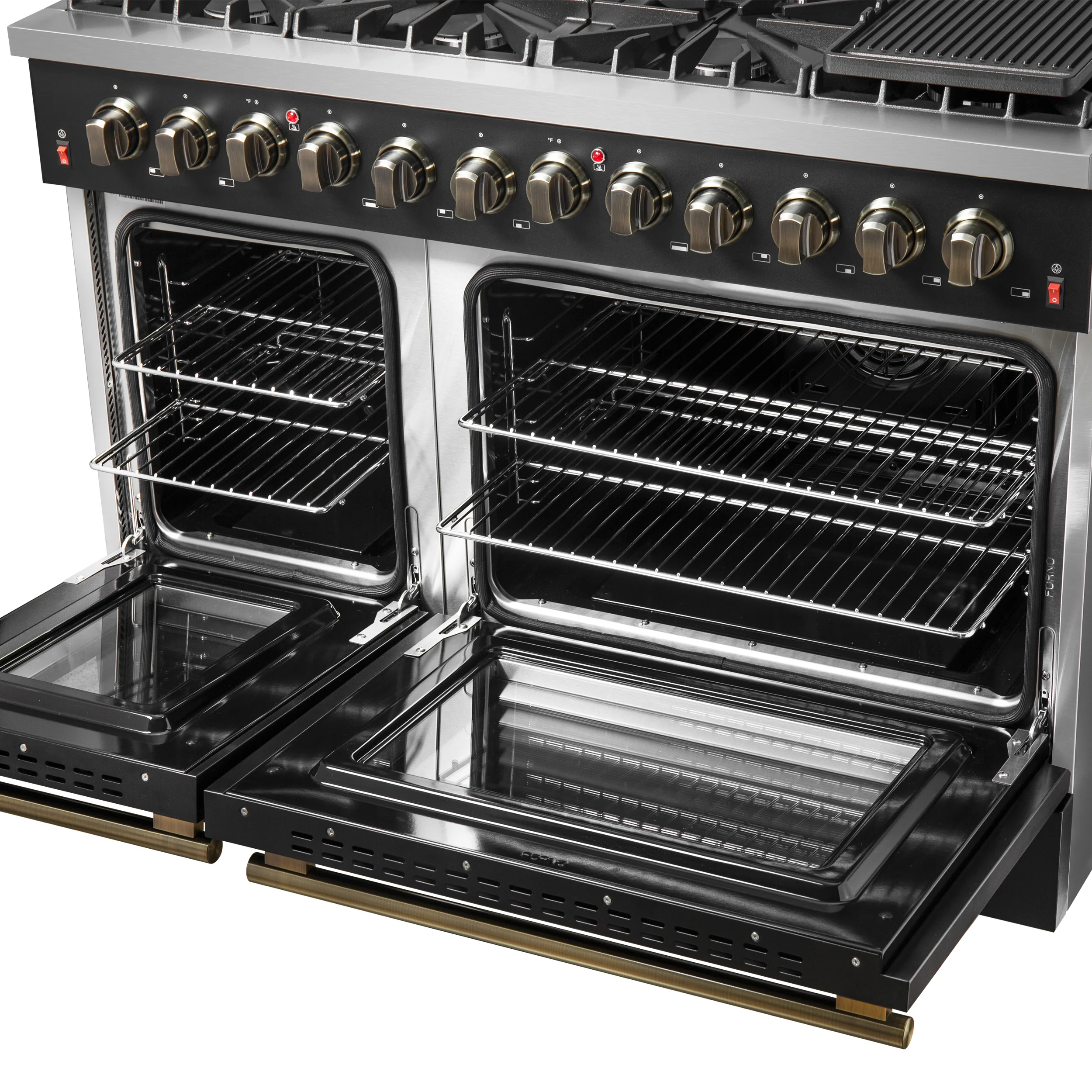 Galiano 48-inch Dual Fuel Range Black & Antique Brass Design with 8 Sealed Burners 107,000 BTU, 6.58 cu. ft. double ovens & Griddle - Image 11