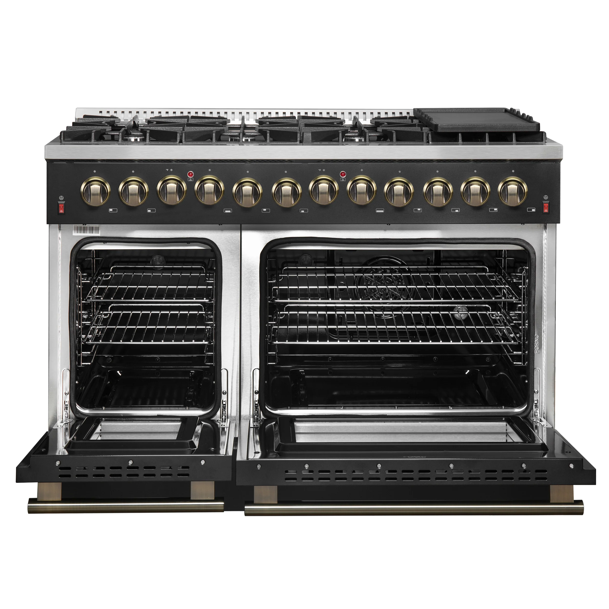 Galiano 48-inch Dual Fuel Range Black & Antique Brass Design with 8 Sealed Burners 107,000 BTU, 6.58 cu. ft. double ovens & Griddle - Image 2