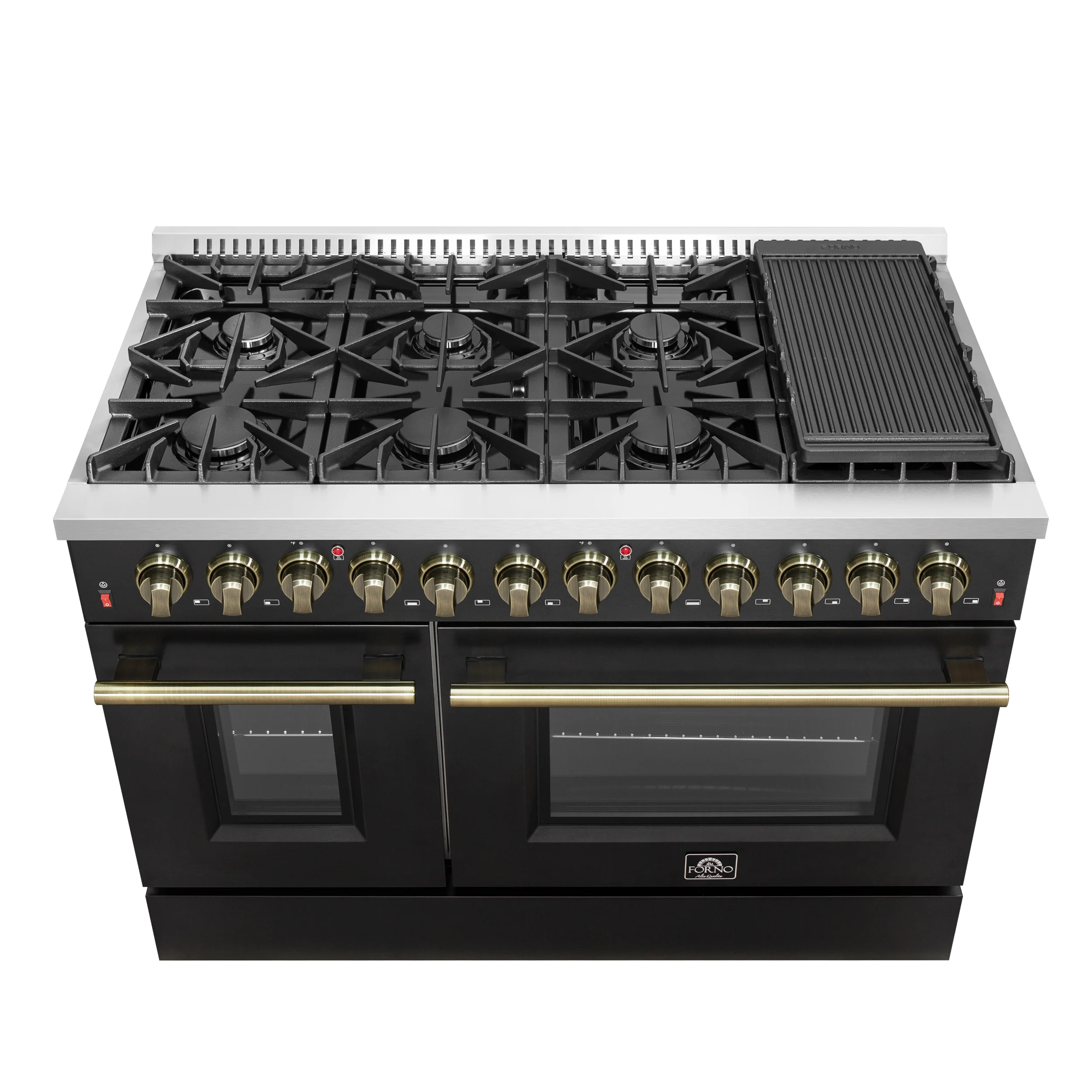 Galiano 48-inch Dual Fuel Range Black & Antique Brass Design with 8 Sealed Burners 107,000 BTU, 6.58 cu. ft. double ovens & Griddle - Image 3