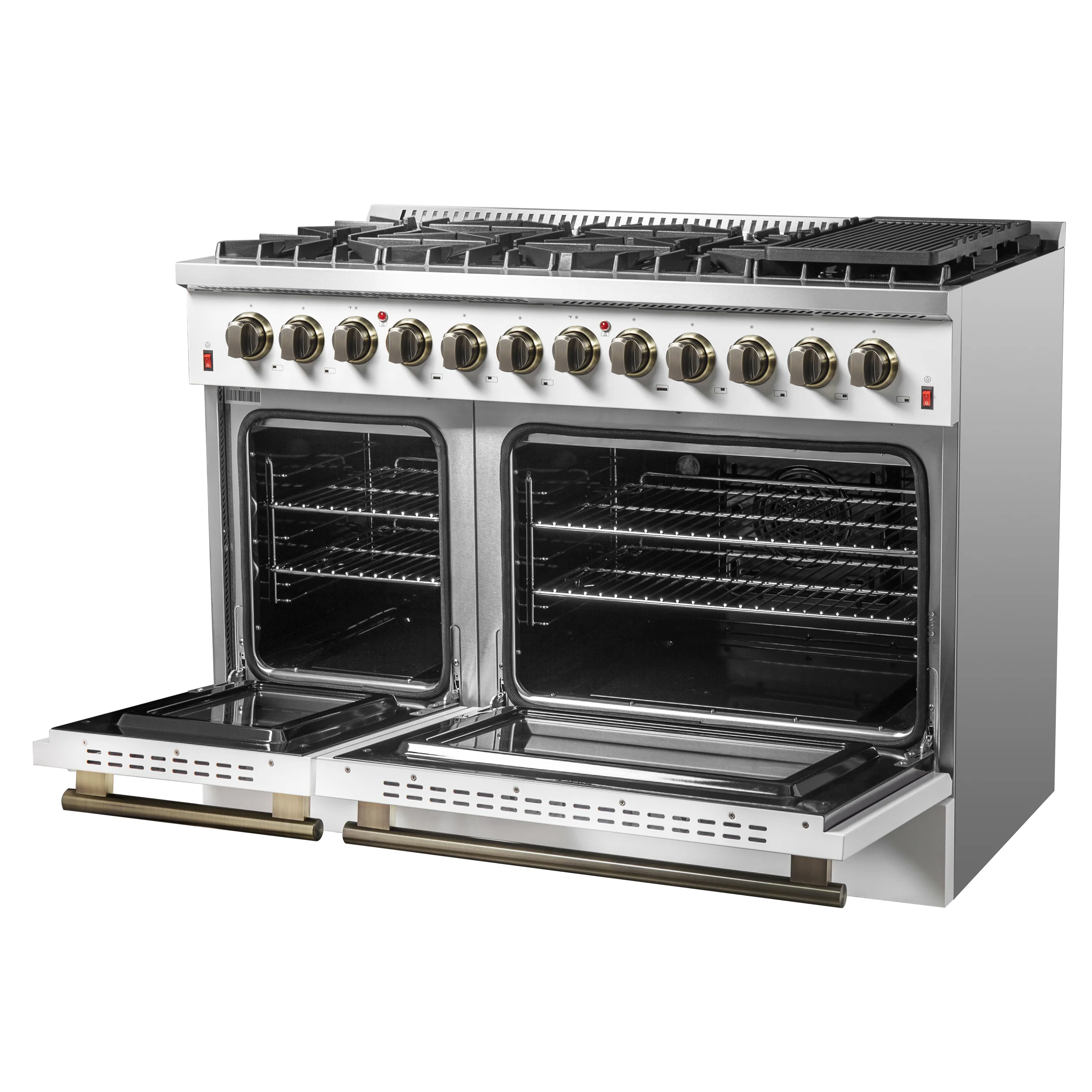 Galiano 48-inch Dual Fuel Range White & Antique Brass Design with 8 Sealed Burners 107,000 BTU, 6.58 cu. ft. double ovens & Griddle - Image 10