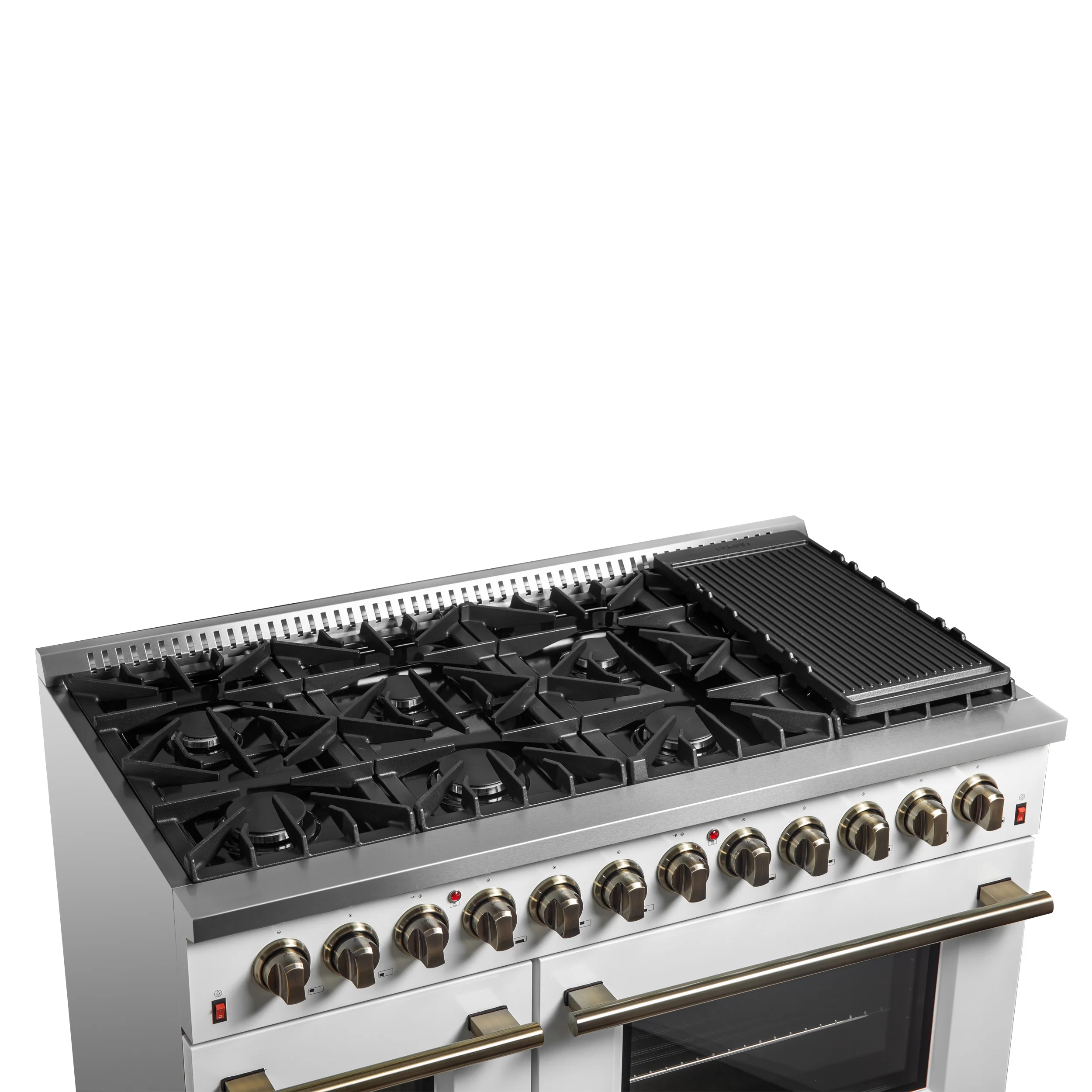Galiano 48-inch Dual Fuel Range White & Antique Brass Design with 8 Sealed Burners 107,000 BTU, 6.58 cu. ft. double ovens & Griddle - Image 3