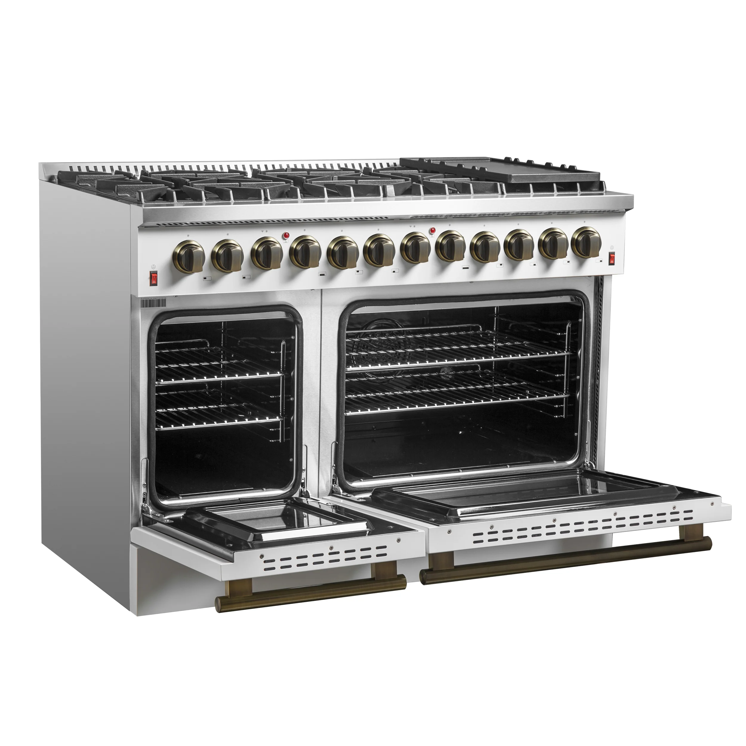 Galiano 48-inch Dual Fuel Range White & Antique Brass Design with 8 Sealed Burners 107,000 BTU, 6.58 cu. ft. double ovens & Griddle - Image 4
