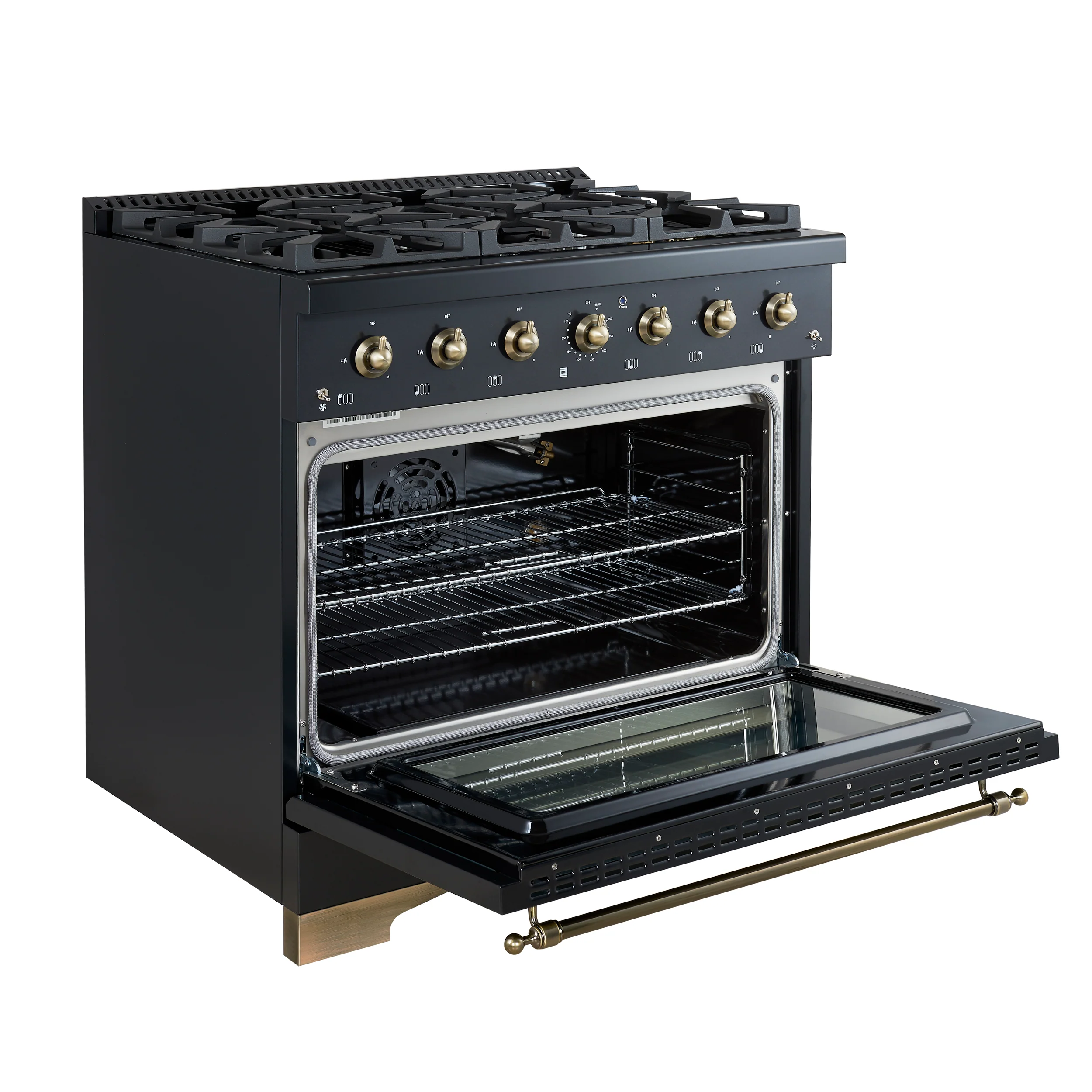 Forno Antico 36-Inch Freestanding Gas Range, Black, Antique Brass Design, 6 Burners, Convection Oven, Energy Efficient - Image 7