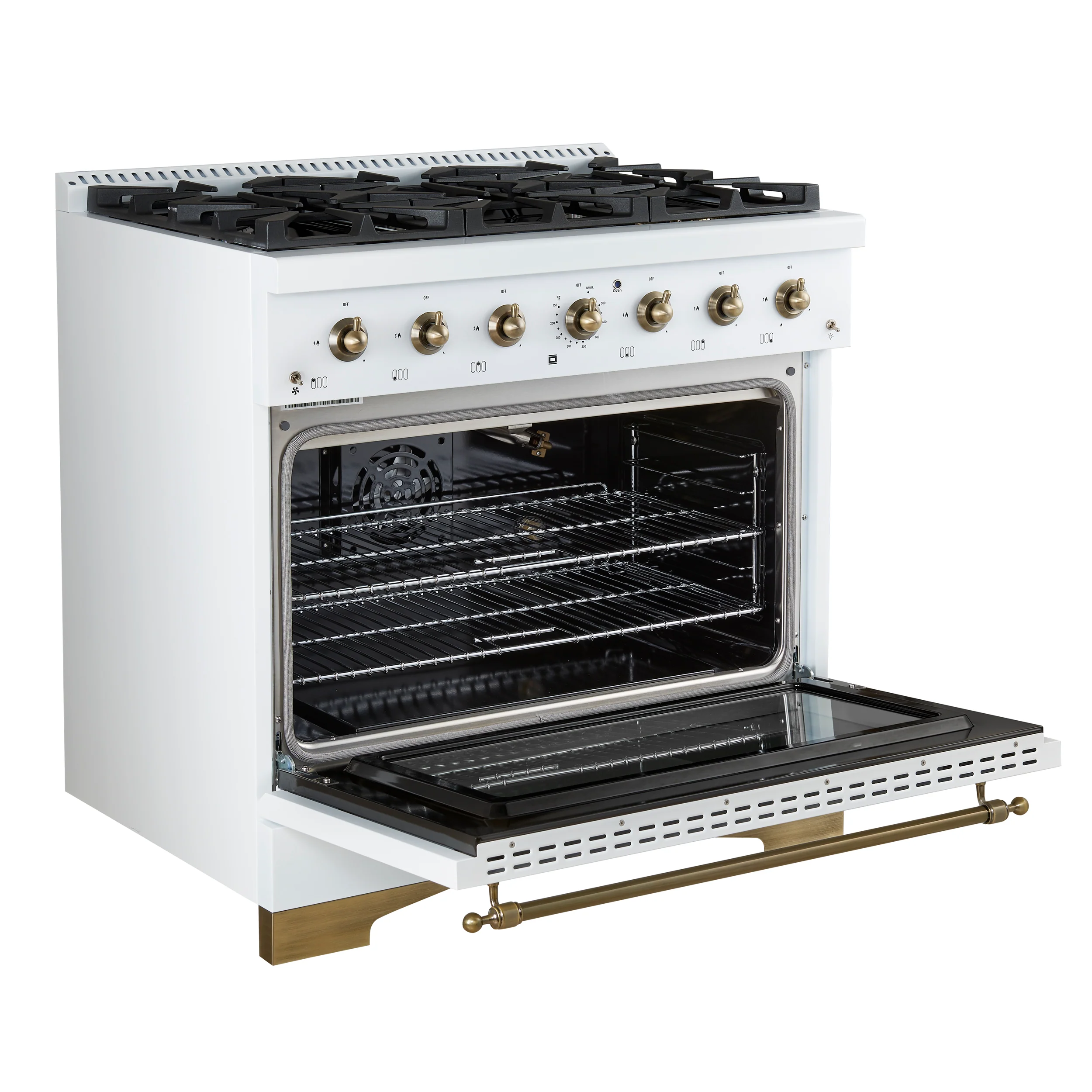 Forno Antico 36-Inch Freestanding Gas Range, White, Antique Brass Design, 6 Burners, Convection Oven, Energy Efficient - Image 7