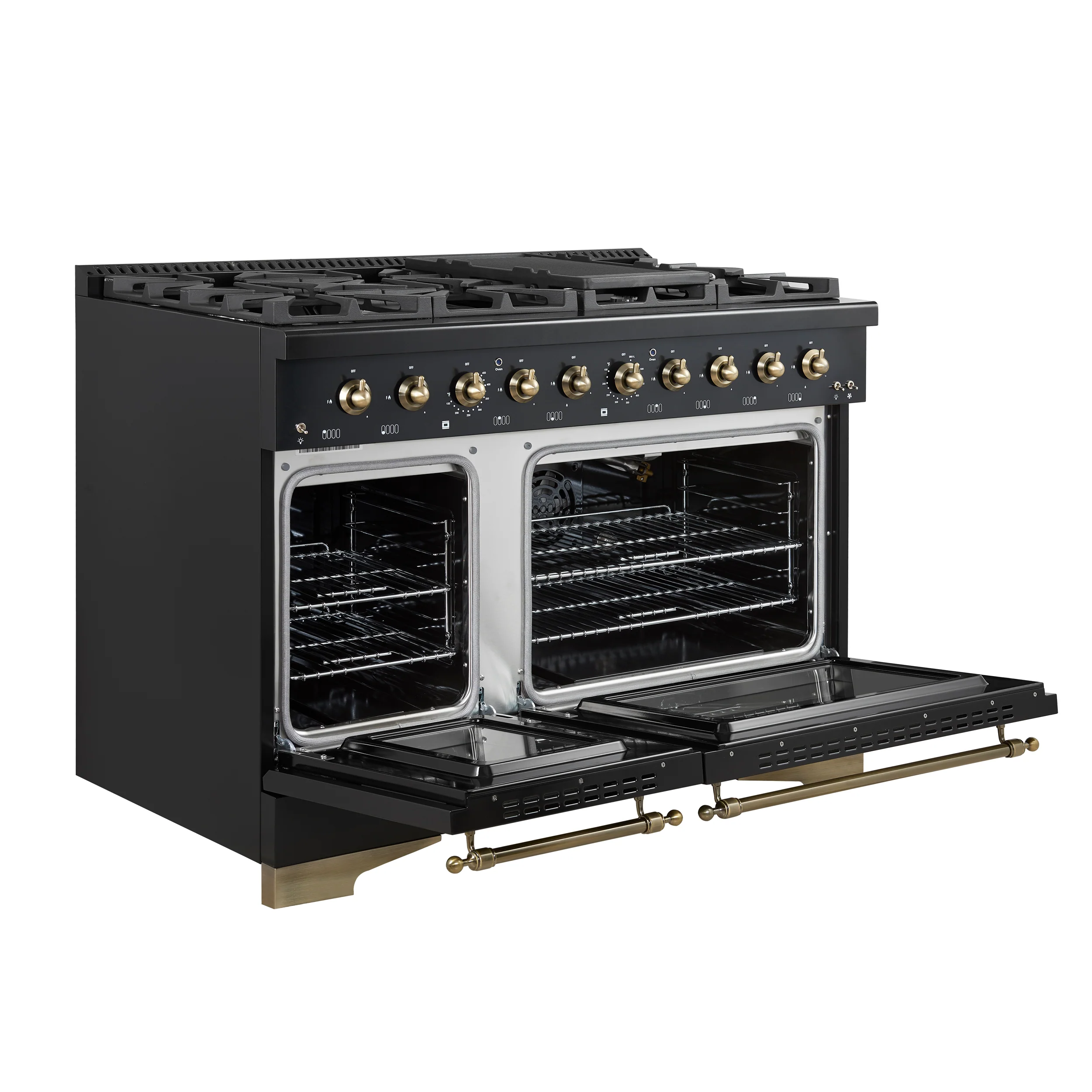 Forno Antico 48-Inch Freestanding Gas Range, Black, Antique Brass Design, 8 Burners, Griddle, Double Ovens, Energy Efficient - Image 5