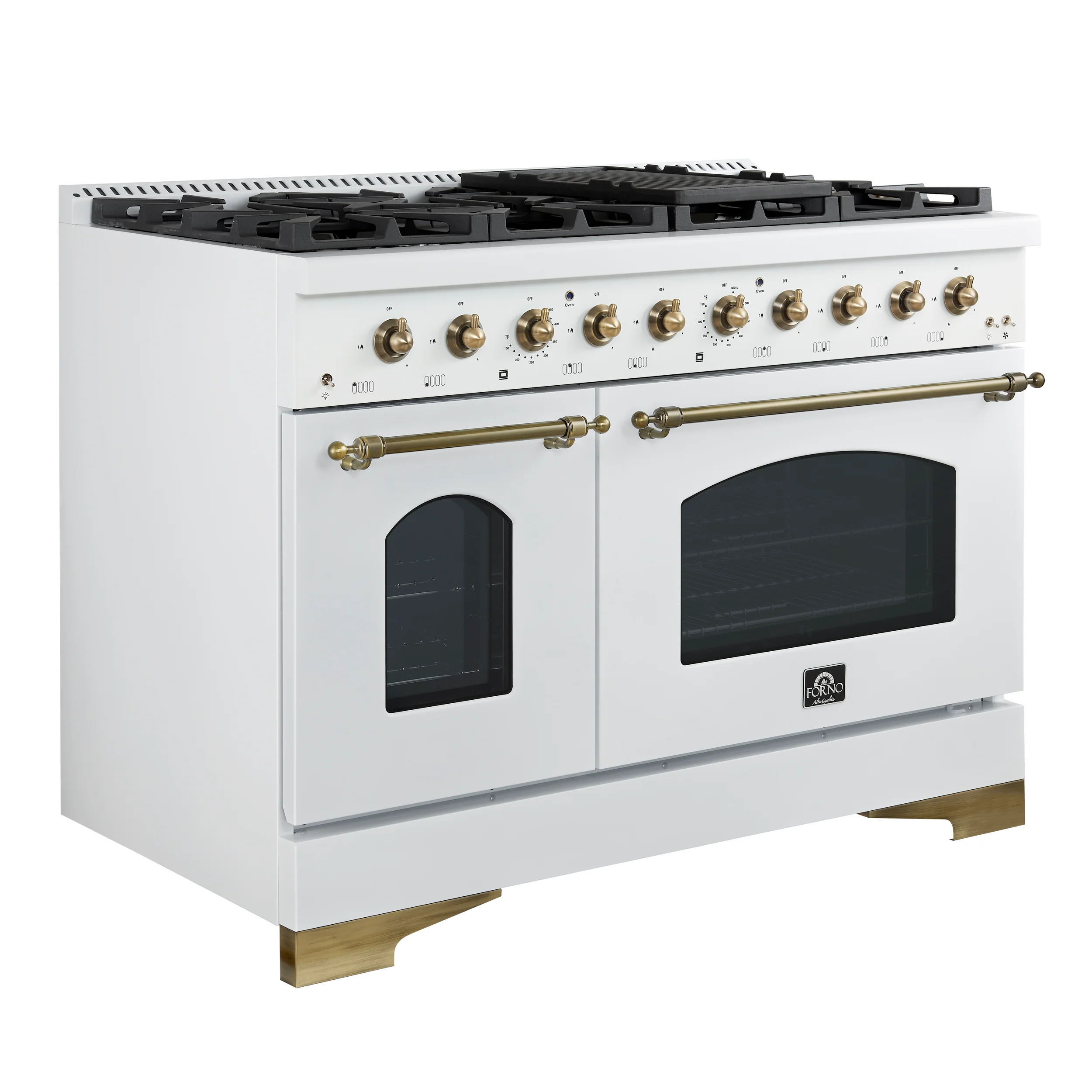 Forno Antico 48-Inch Freestanding Gas Range, White, Antique Brass Design, 8 Burners, Griddle, Double Ovens, Energy Efficient - Image 10
