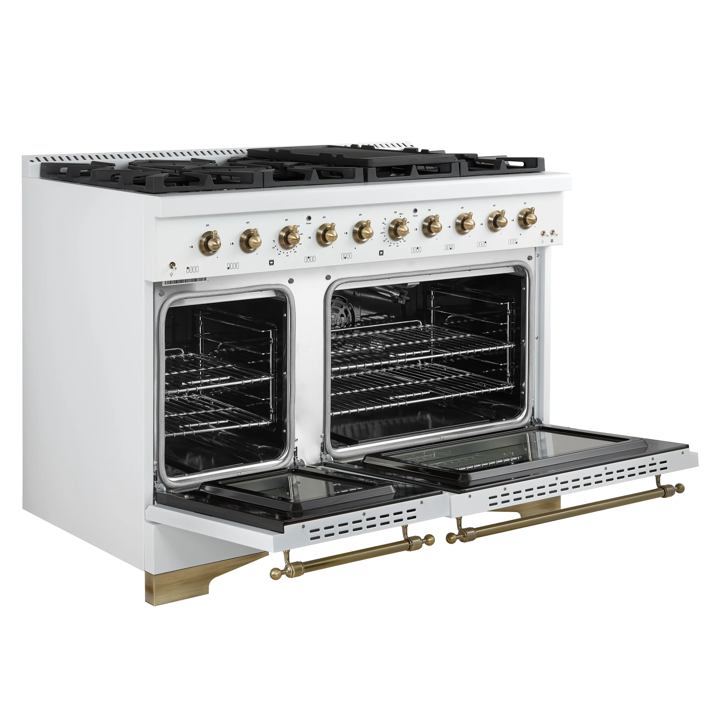 Forno Antico 48-Inch Freestanding Gas Range, White, Antique Brass Design, 8 Burners, Griddle, Double Ovens, Energy Efficient - Image 9