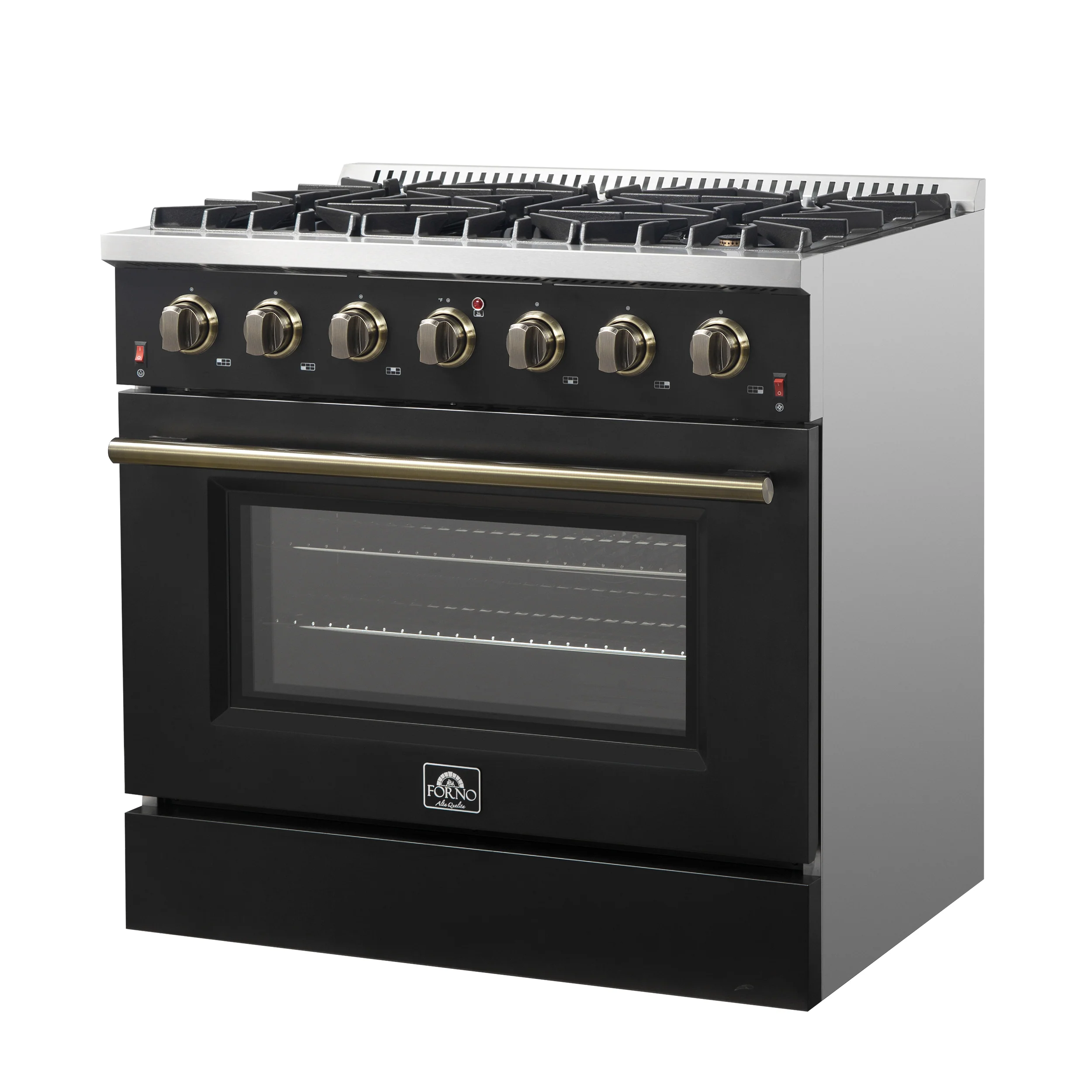Forno Galiano 36-inch Freestanding Gas Range in Black with Antique Brass Design, 6 Burners, 83,000 BTU, 5.36 cu.ft. Convection Oven - Image 11