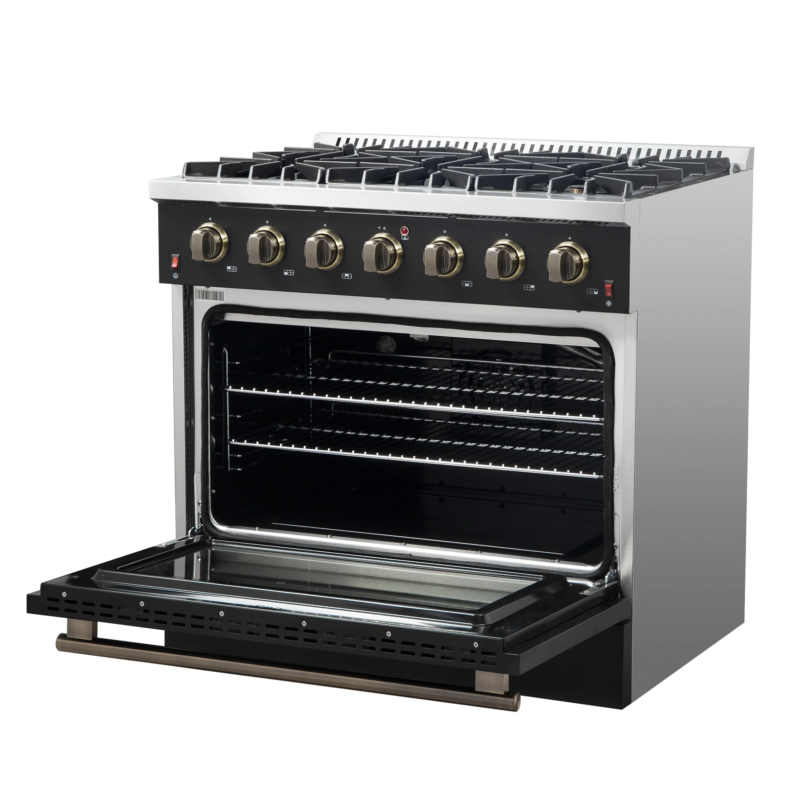 Forno Galiano 36-inch Freestanding Gas Range in Black with Antique Brass Design, 6 Burners, 83,000 BTU, 5.36 cu.ft. Convection Oven - Image 14
