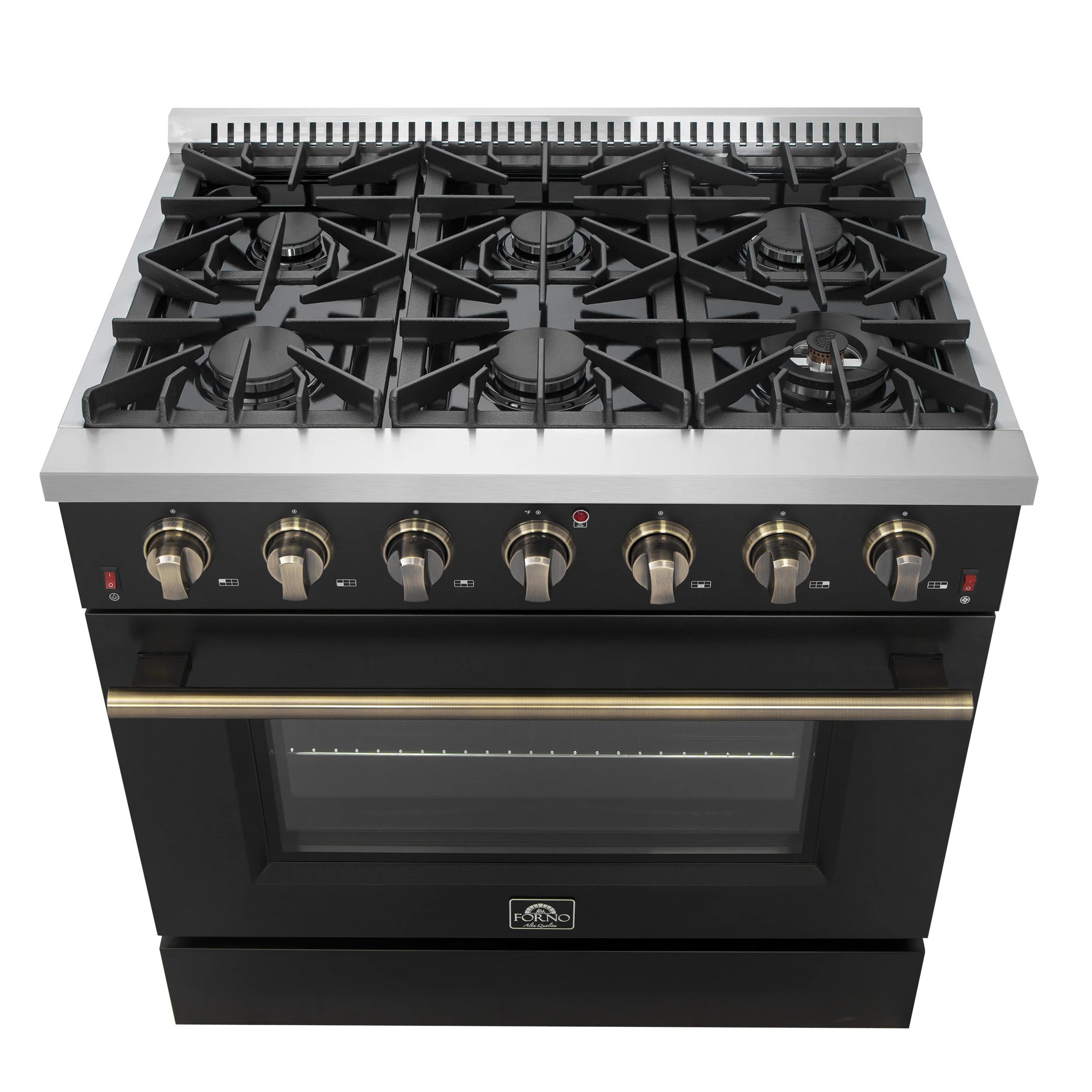 Forno Galiano 36-inch Freestanding Gas Range in Black with Antique Brass Design, 6 Burners, 83,000 BTU, 5.36 cu.ft. Convection Oven - Image 2