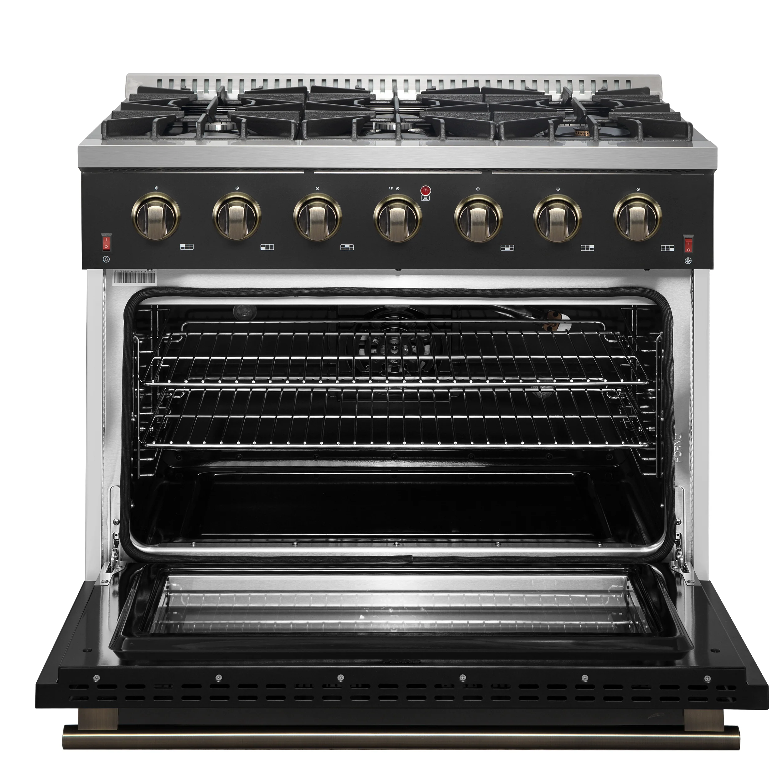Forno Galiano 36-inch Freestanding Gas Range in Black with Antique Brass Design, 6 Burners, 83,000 BTU, 5.36 cu.ft. Convection Oven - Image 3