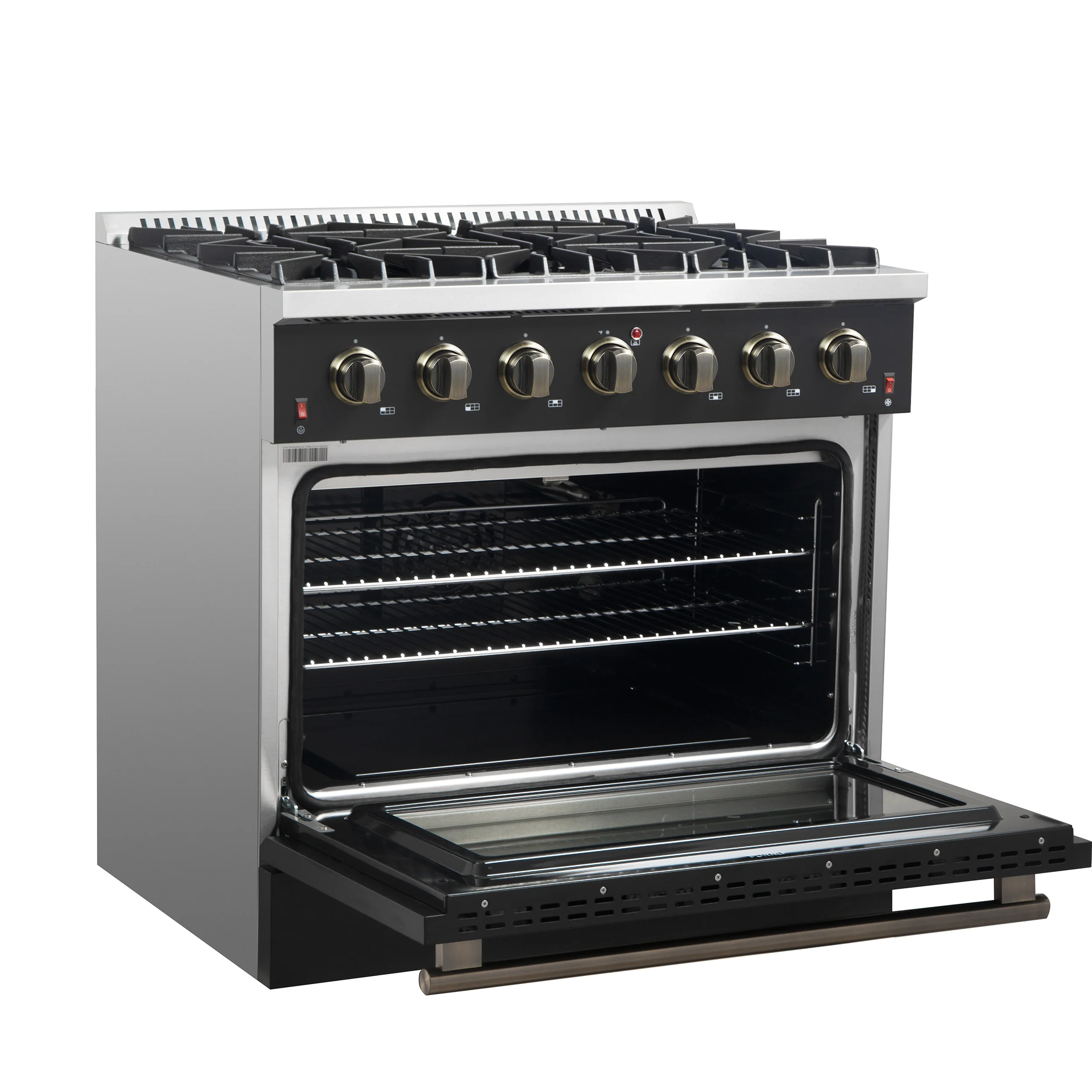 Forno Galiano 36-inch Freestanding Gas Range in Black with Antique Brass Design, 6 Burners, 83,000 BTU, 5.36 cu.ft. Convection Oven - Image 8