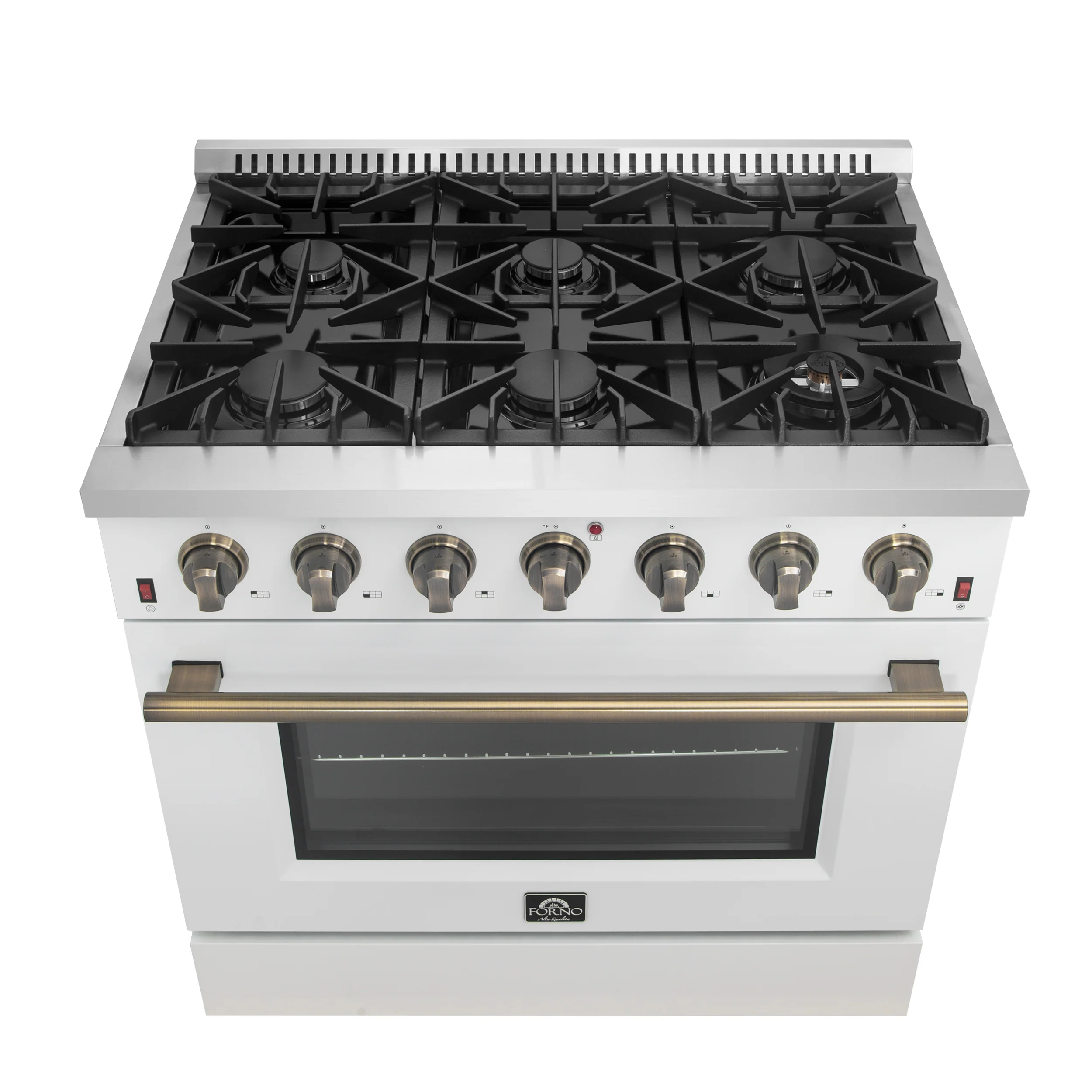 Forno Galiano 36-inch Freestanding Gas Range in White with Antique Brass Design, 6 Burners, 83,000 BTU, 5.36 cu.ft. Convection Oven - Image 3